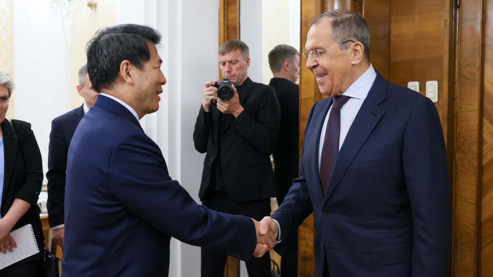 Russian Foreign Minister Sergei Lavrov (R) welcomes the Special Representative of the Chinese Government on Eurasian Affairs Li Hui (L) at the Russian Foreign Ministry headquarters in Moscow, Russia on May 26, 2023.
