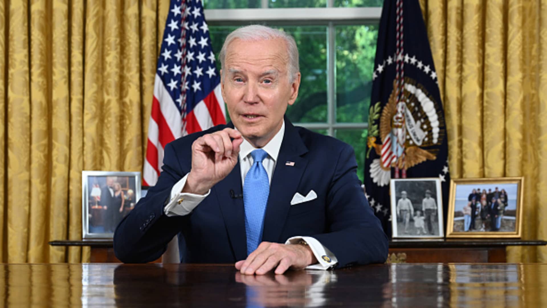 US President Joe Biden during a national address in the Oval Office of the White House in Washington, DC, US, on Friday, June 2, 2023.