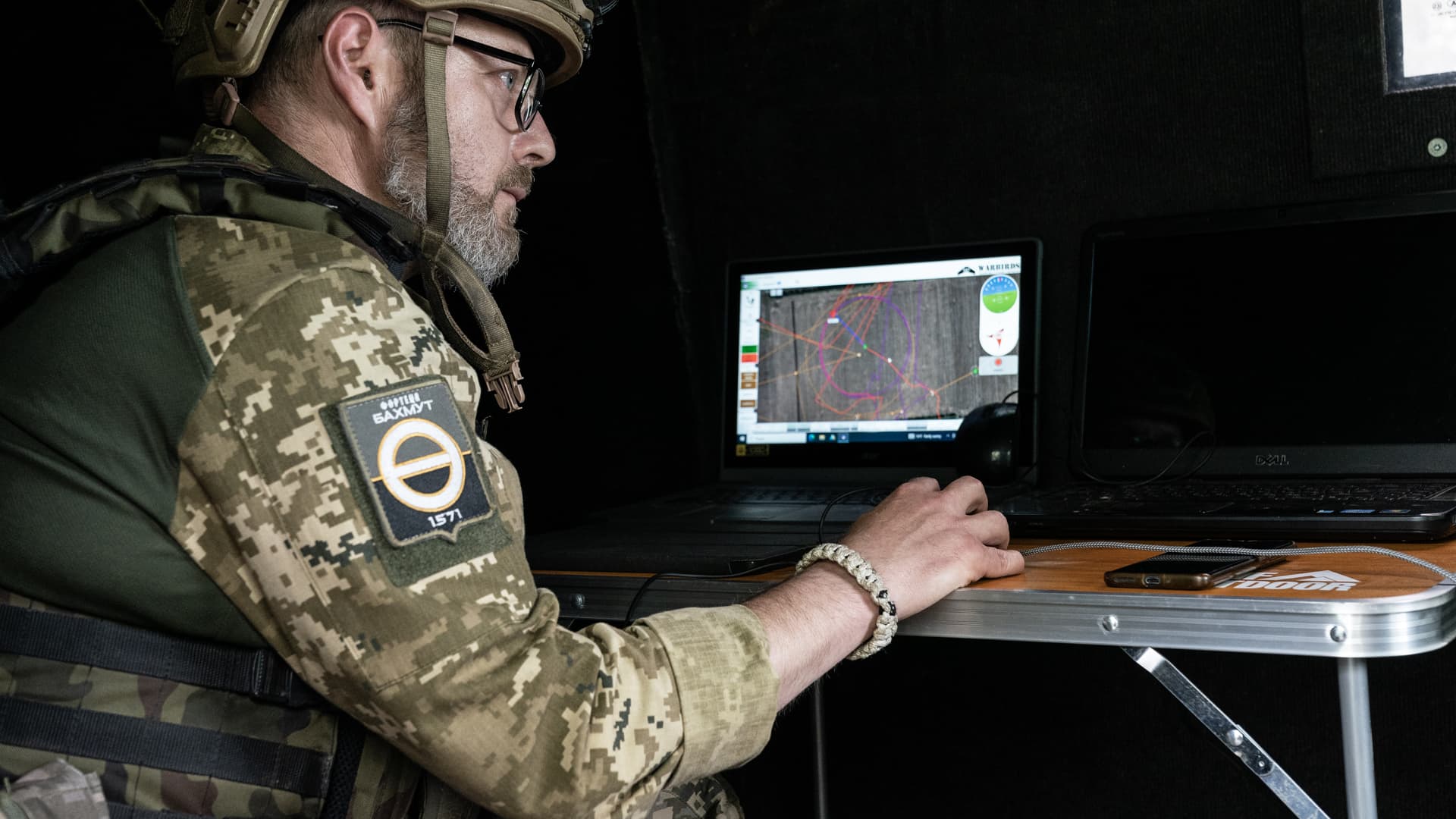 Member of Ukrainian Army Forces operates Aviation Systems of Ukraine Valkyrja drone designed and produced in Ukraine used for reconnaissance of Russian positions in undisclosed location near town of New York Donetsk region.