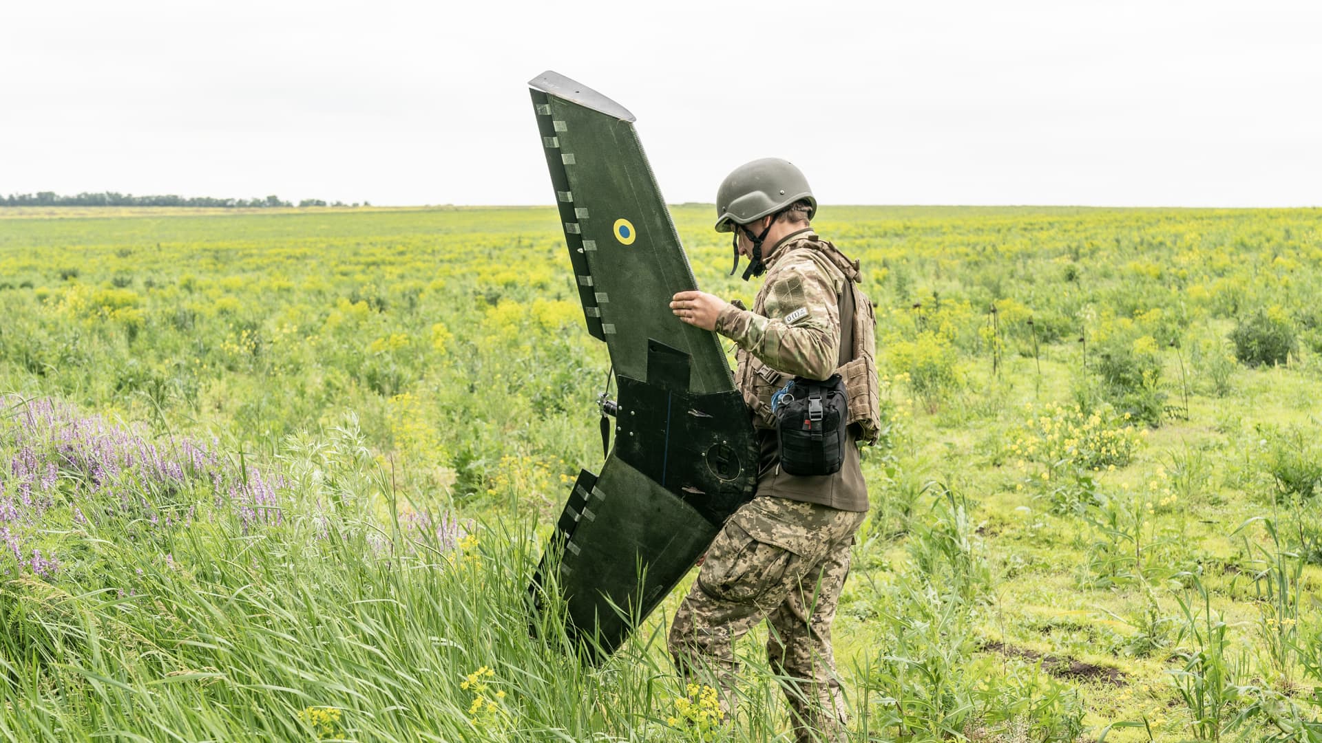 Member of Ukrainian Army Forces handles Aviation Systems of Ukraine Valkyrja drone designed and produced in Ukraine used for reconnaissance of Russian positions in undisclosed location near town of New York Donetsk region. 