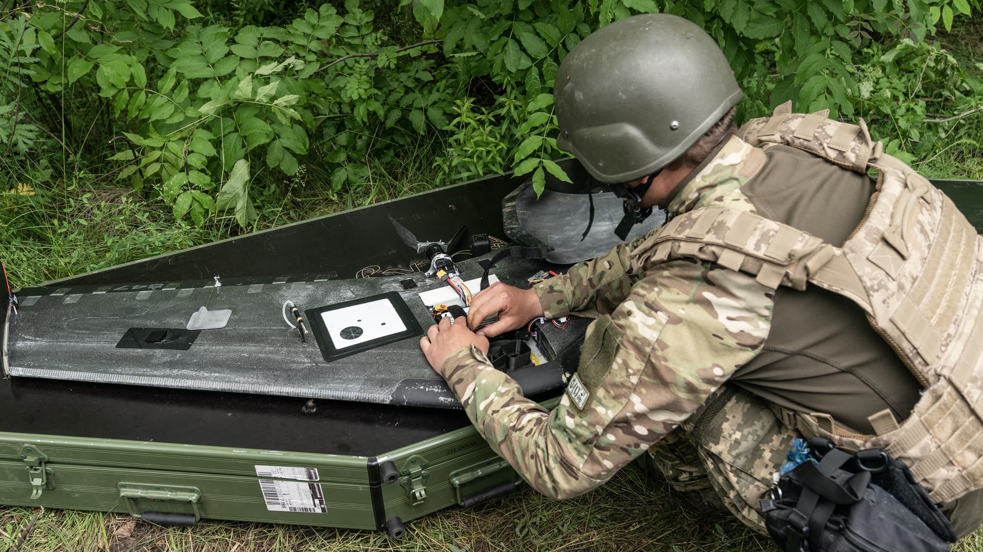 Member of Ukrainian Army Forces handles Aviation Systems of Ukraine Valkyrja drone designed and produced in Ukraine used for reconnaissance of Russian positions in undisclosed location near town of New York Donetsk region. 
