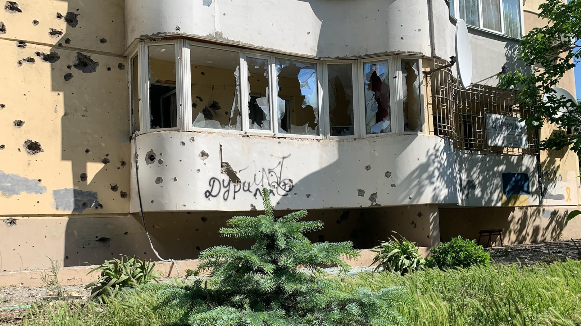 A residential building is heavily damaged after the artillery attack in Kherson, Ukraine, on June 5, 2023.