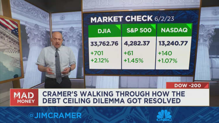 The debt ceiling deal spurred Friday's rally not the jobs report, says Jim Cramer