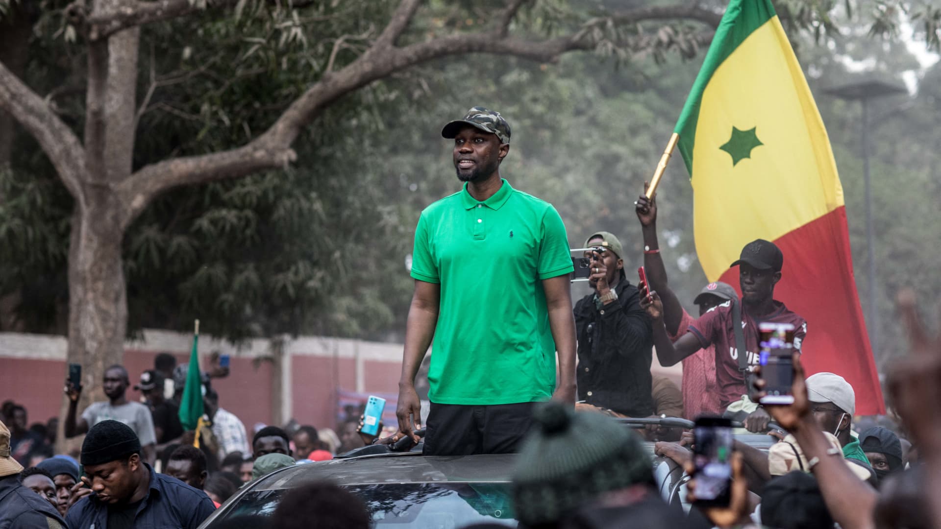 ZIGUINCHOR, Senegal - May 24, 2023: Opposition leader and 2024 presidential candidate Ousmane Sonko meets supporters protesting against his rape trial.