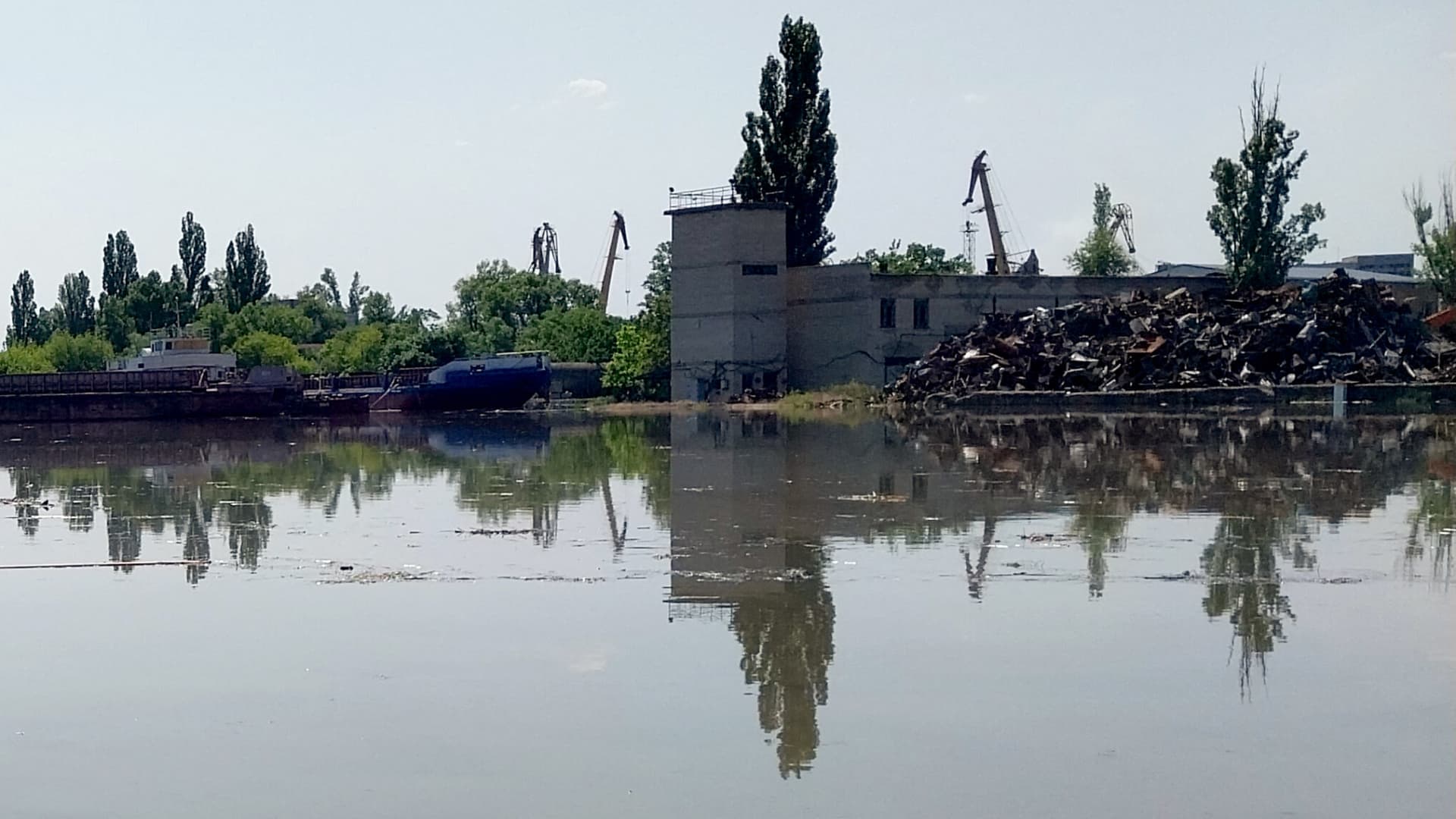 A partially flooded area of Kherson on June 6, 2023, following damage sustained at the Kakhovka hydroelectric dam.