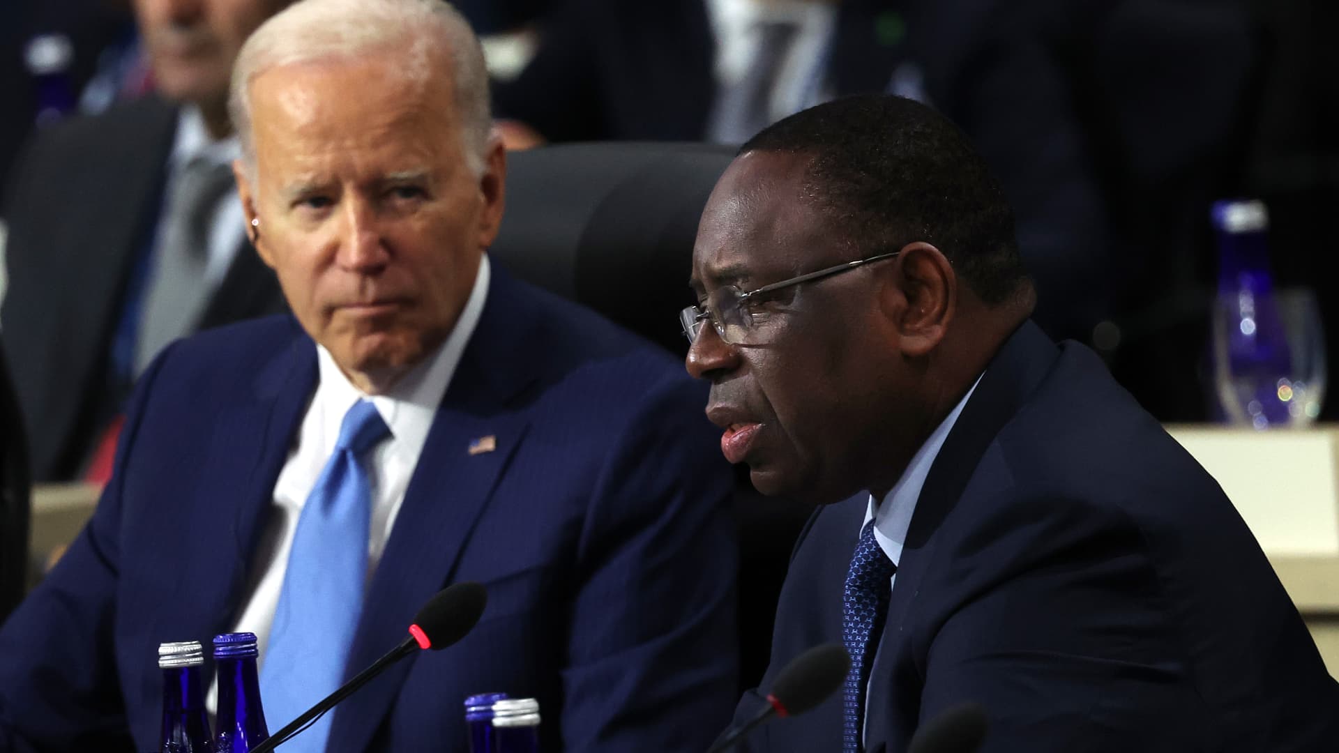 WASHINGTON, DC - DECEMBER 15, 2022: Senegalese President Macky Sall speaks alongside U.S. President Joe Biden at the U.S.-Africa Leaders Summit.