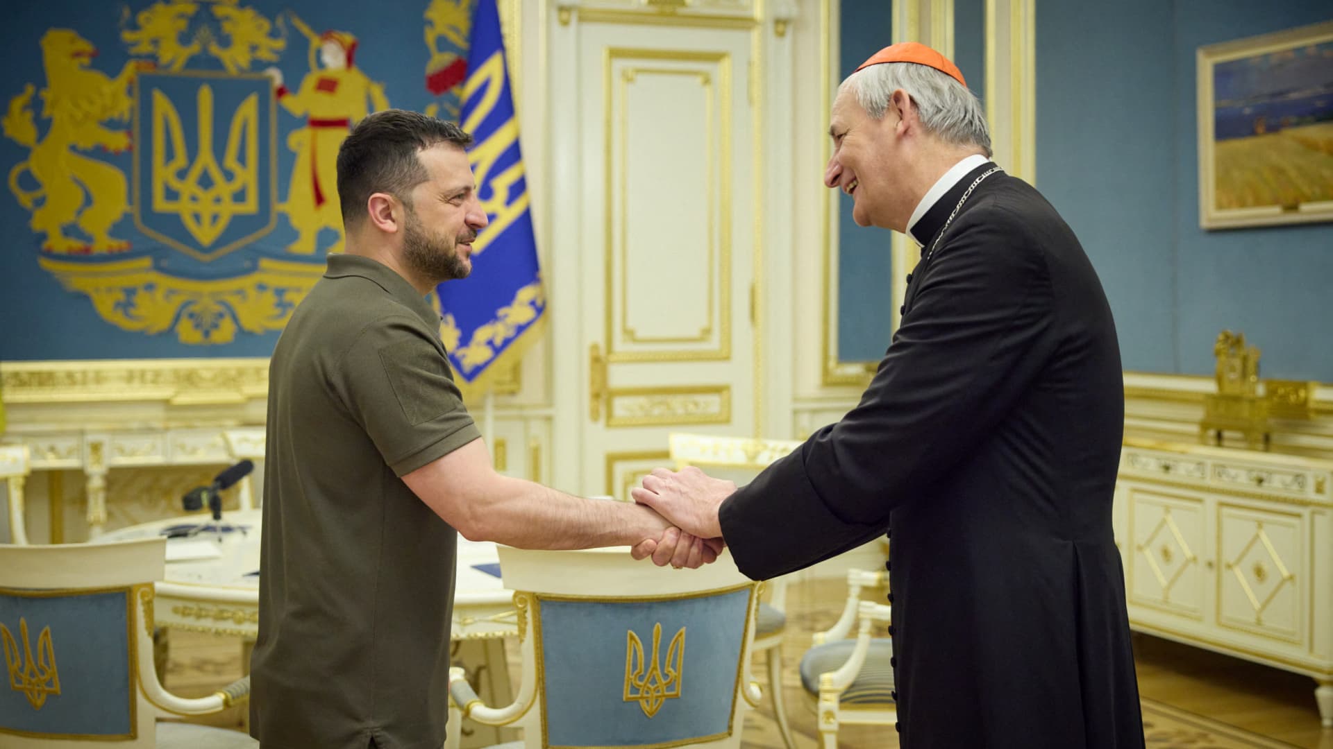 Ukraine's President Volodymyr Zelenskyy welcomes Italian Cardinal and Papal Special Envoy Matteo Zuppi in Kyiv, Ukraine, amid Russia's attack on Ukraine on June 6, 2023.