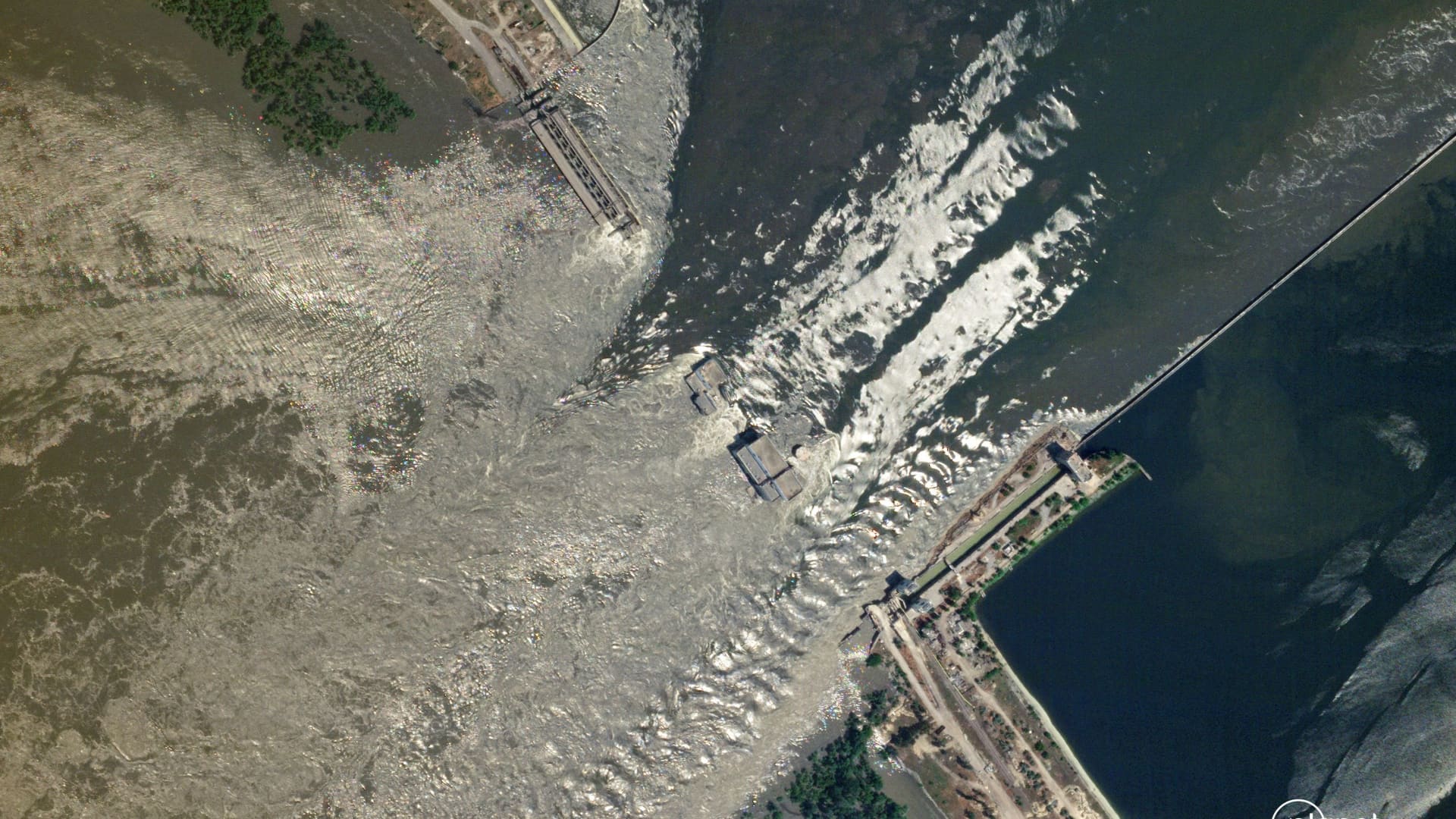 A satellite image shows damaged Nova Kakhovka Dam, amid Russia's attack on Ukraine, in Kherson region, Ukraine, June 6, 2023.