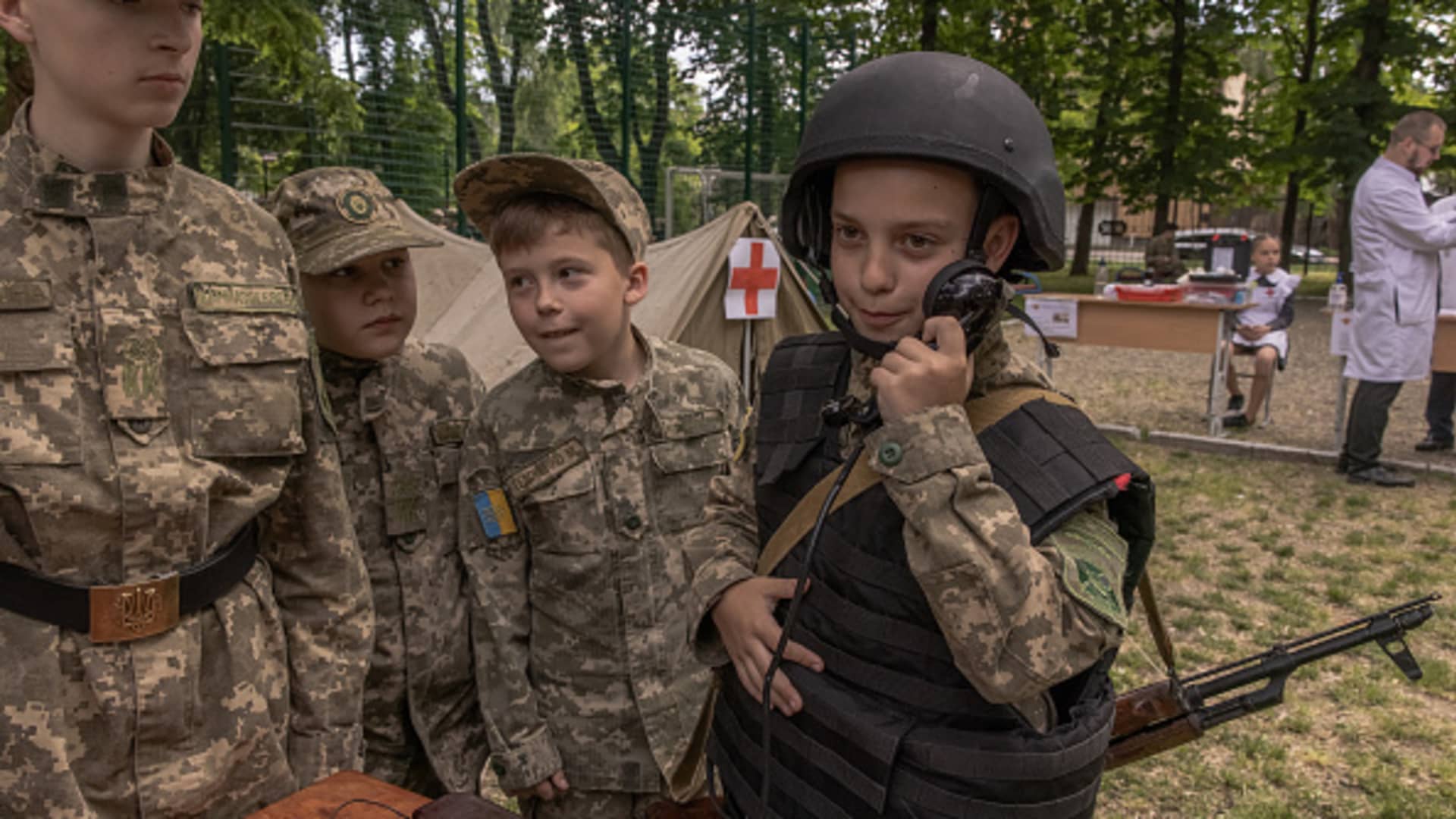 Young Ukrainian cadets attend a mass military education quest at State Lyceum 'Cadet Corps' on June 6, 2023 in Kyiv, Ukraine. 