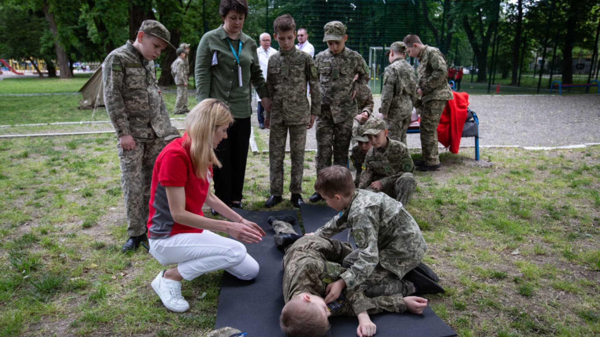 Young military cadets take part at a military competition at the cadet lyceum in Kyiv, Ukraine, on June 6, 2023.