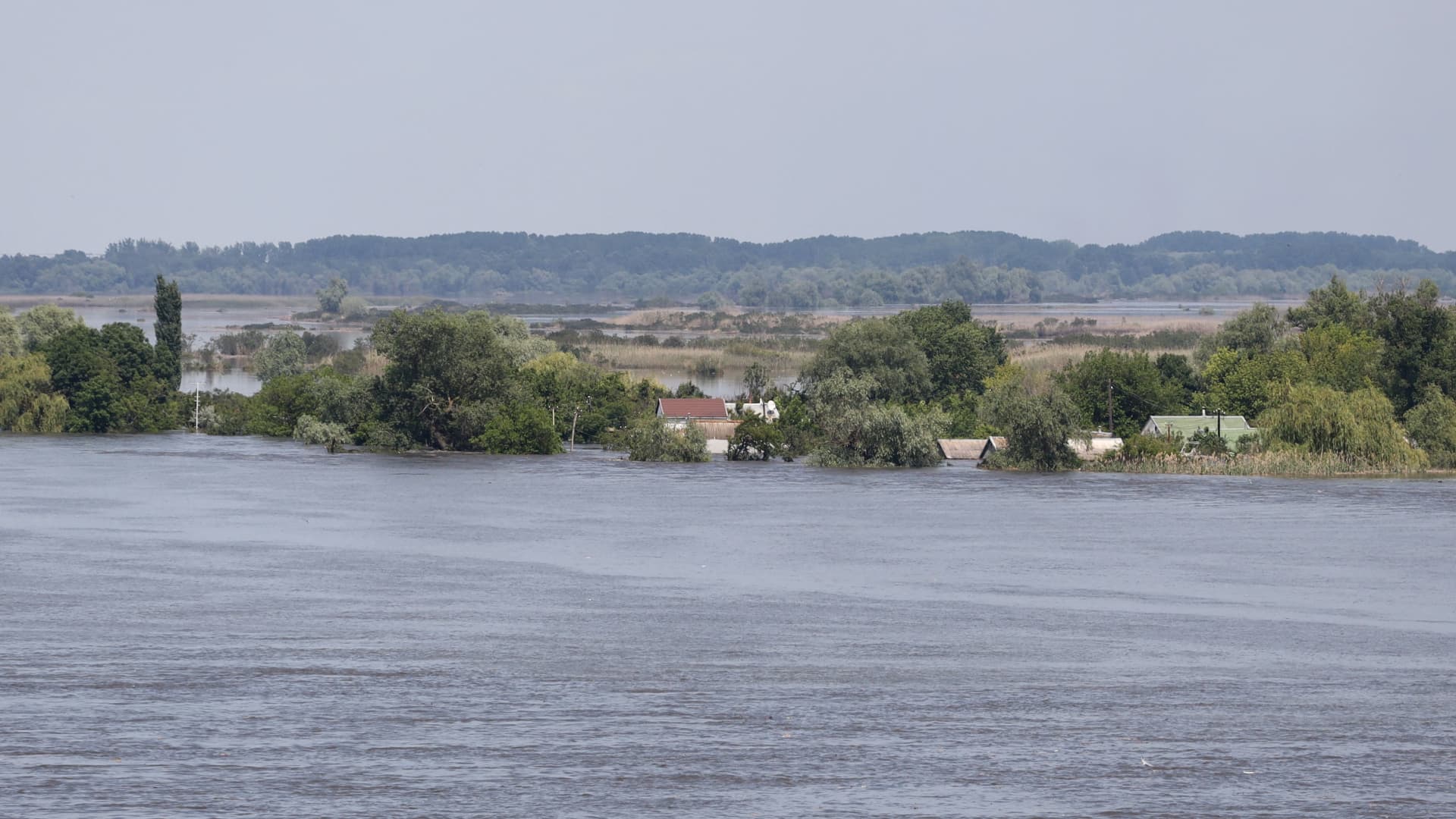 A partially flooded area of Kherson on June 6, 2023, following damage sustained at the Nova Kakhovka hydroelectric power plant dam.