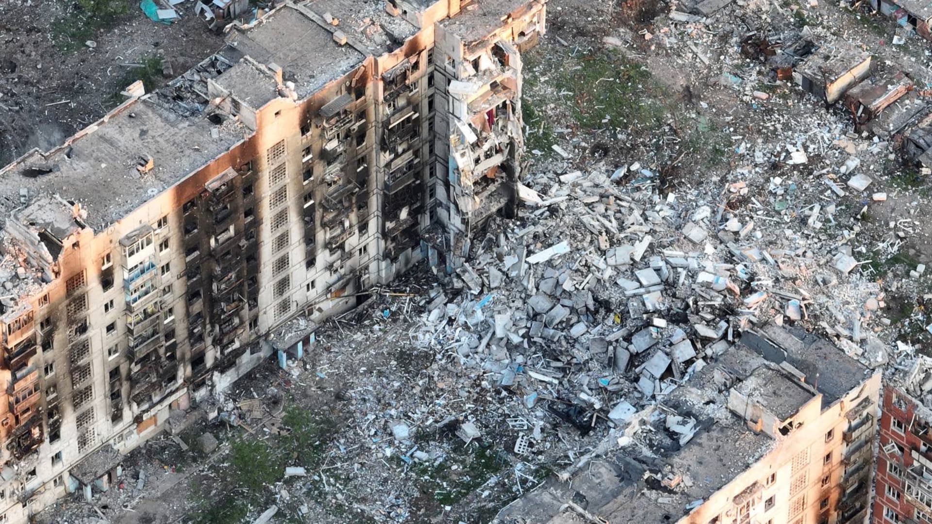 An aerial view of destruction in the town of Bakhmut on June 1, 2023 in Bakhmut, Ukraine.
