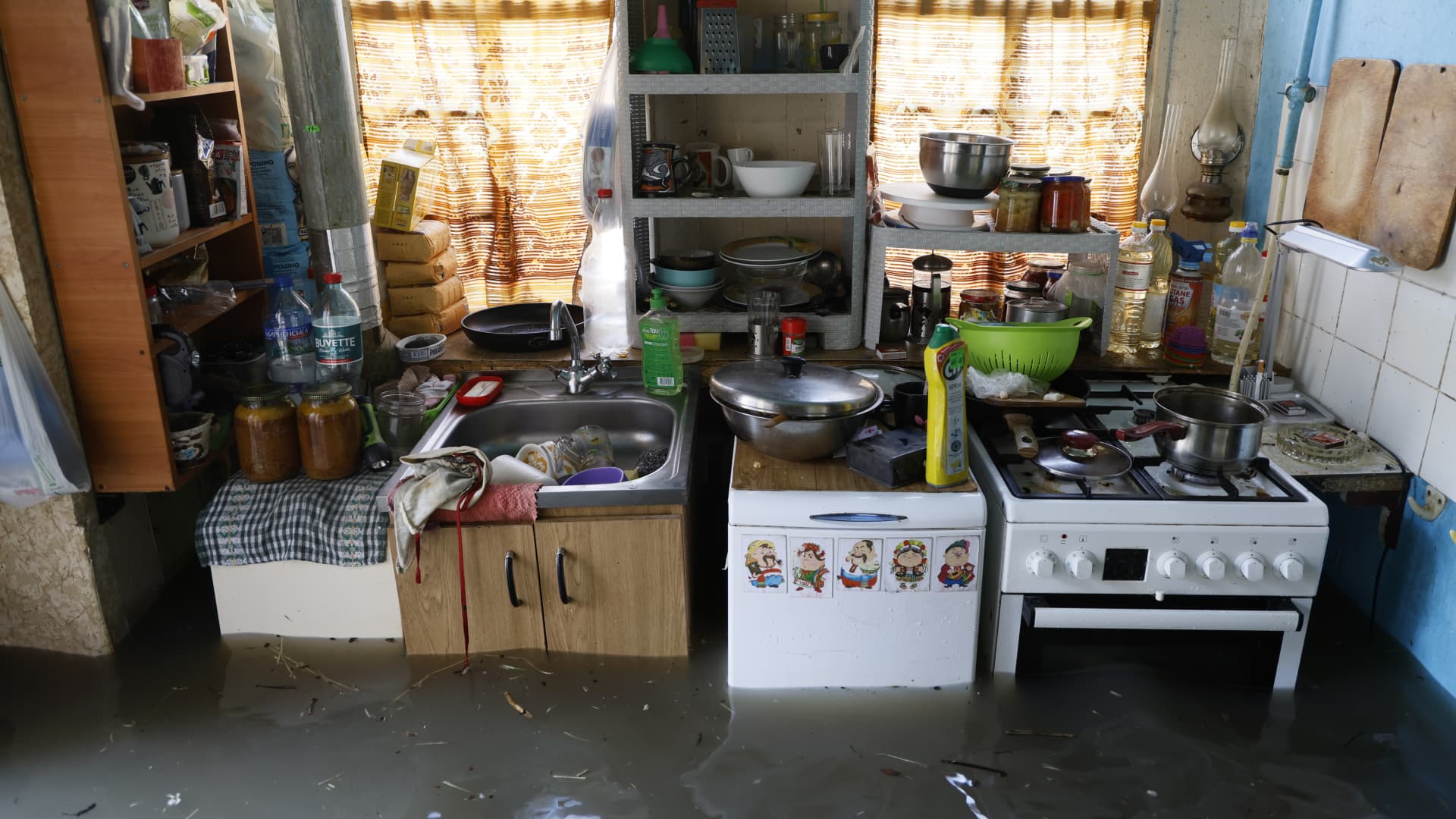 A kitchen flooded following the destruction of the Kakhovka dam on June 7, 2023 in Kherson, Ukraine.