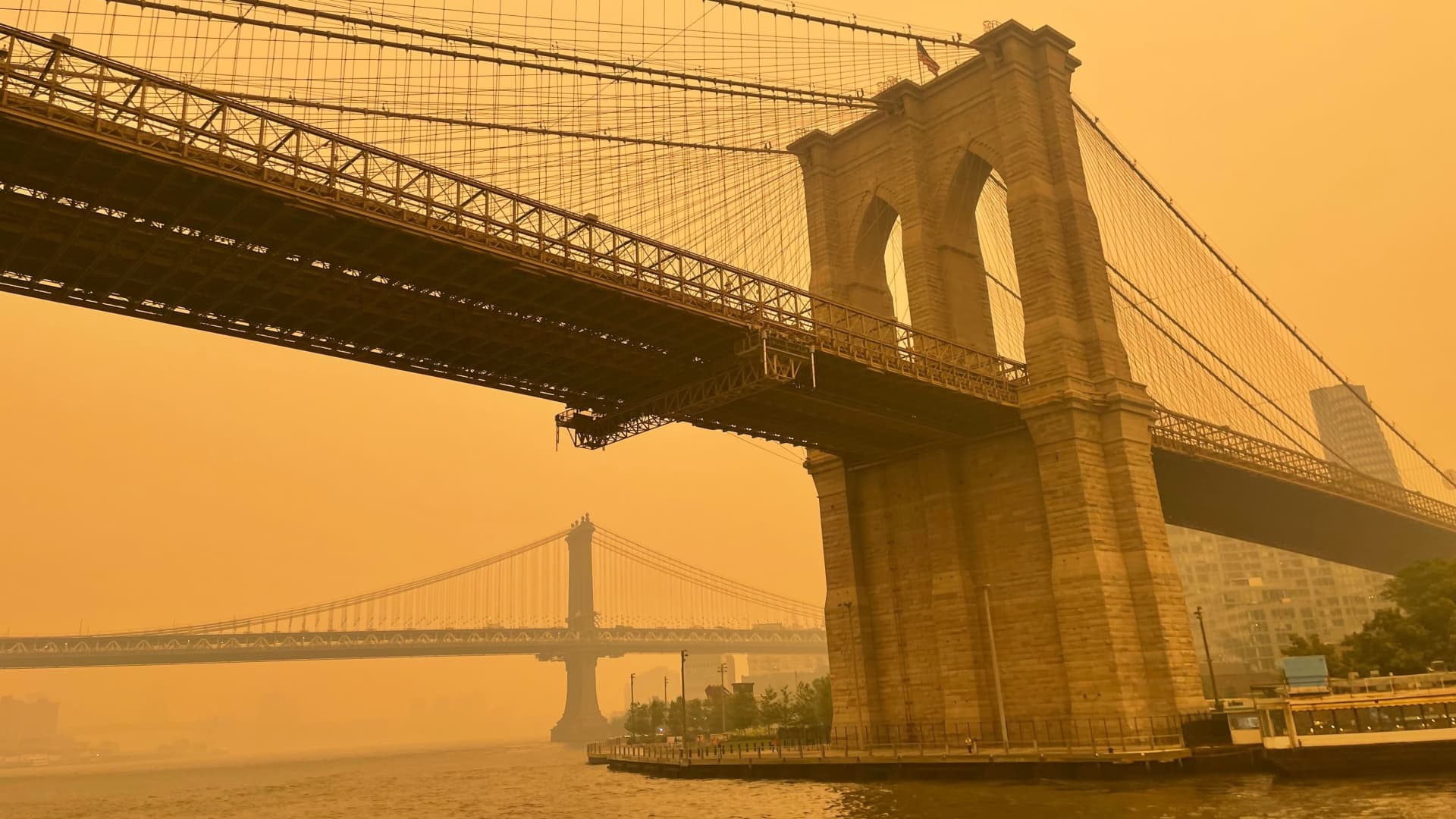 Smoke from the Canadian wildfires blankets New York City affecting air quality on June 7th, 2023. 
