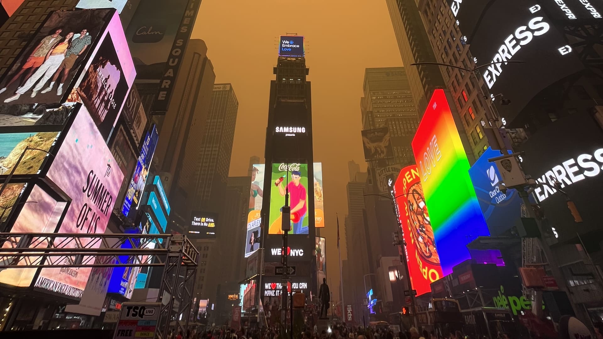 A smokey haze blankets Times Square in New York City as smoke from Canada's wildfires moves down the Northeastern U.S.