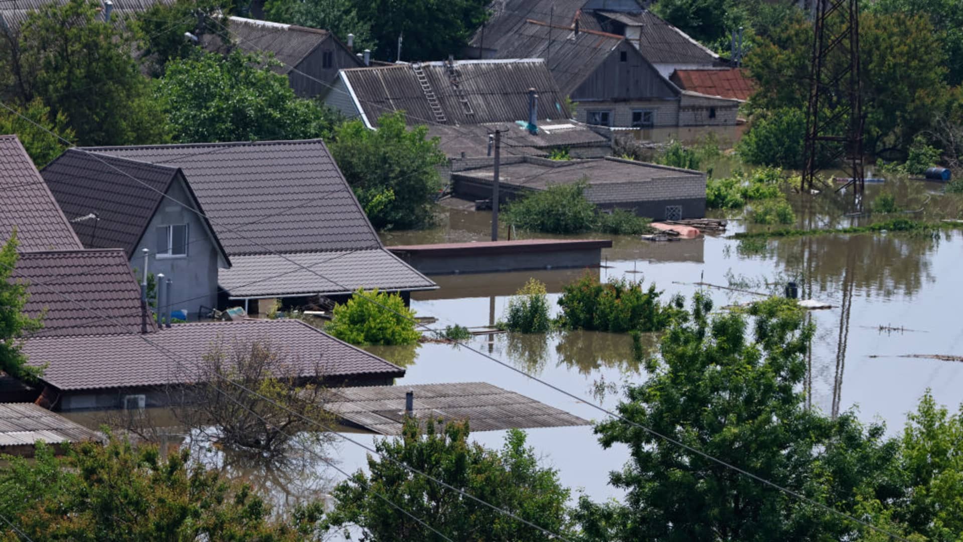 A view from the roof of residential building on flooded area of the city on June 7, 2023 in Kherson, Ukraine.