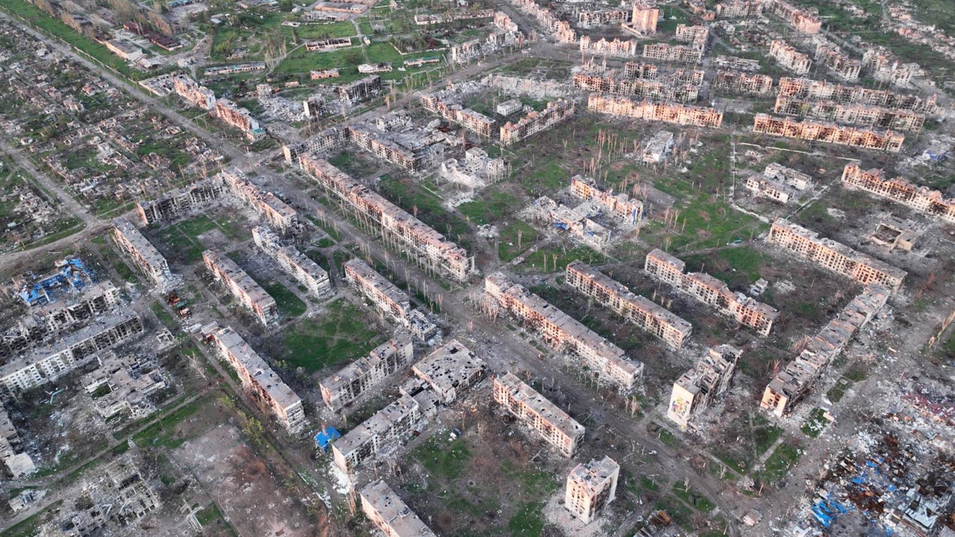 An aerial view of destruction in Bakhmut on June 1, 2023. Bakhmut and its surroundings continue to be the location of fierce fighting.