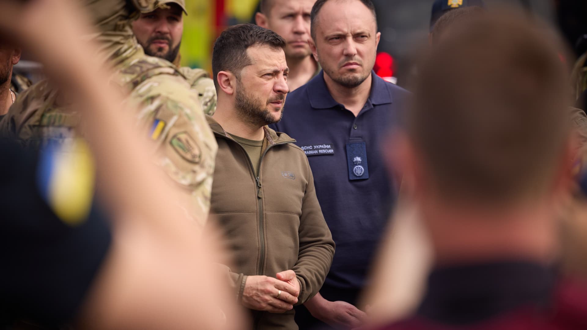 Ukrainian President Volodymyr Zelenskyy visits the flood-hit southern region of Kherson as evacuation of civilians continues after the collapse of the Kakhovka Hydroelectric Power Plantâs dam on June 08, 2023. 