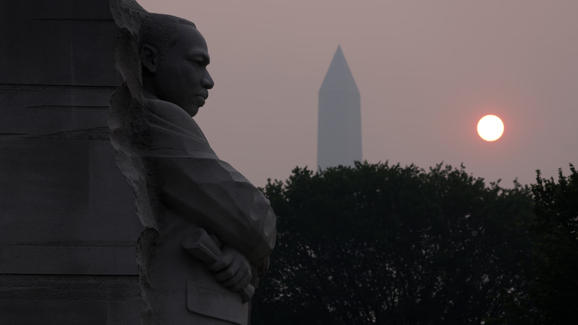 The Martin Luther King Jr. Memorial and the Washington Memorial are covered in hazy smoke on June 8, 2023 in Washington, DC.