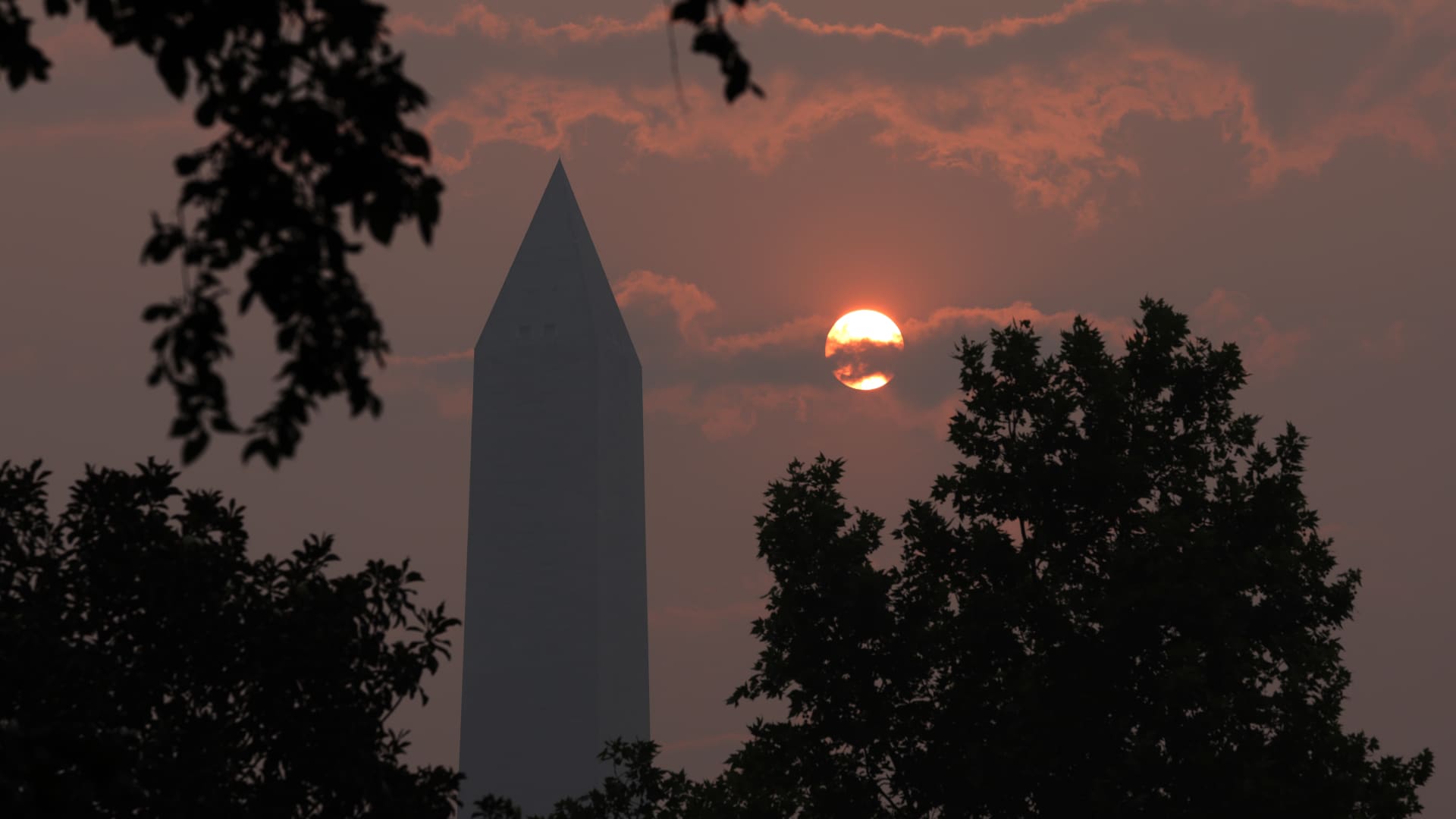 The Washington Memorial stands in hazy smoke on June 8, 2023 in Washington, DC.