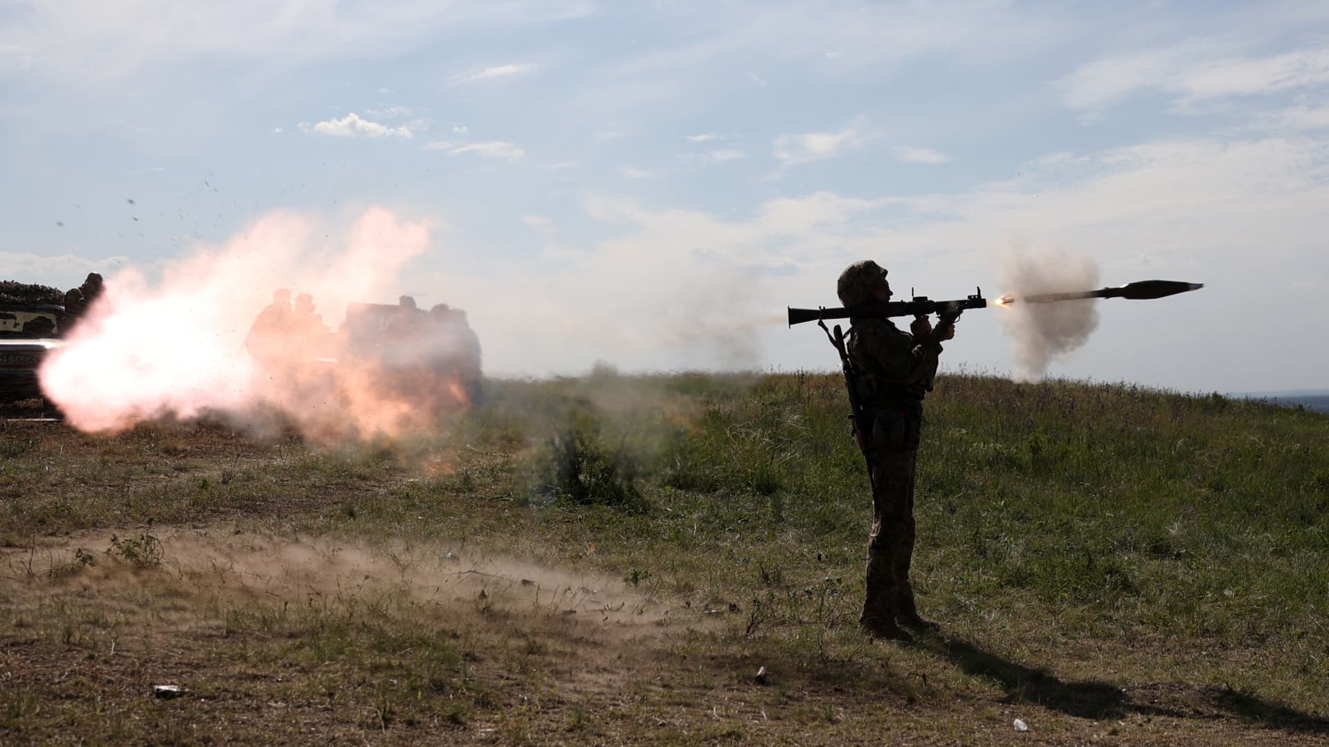 A Ukrainian serviceman fires a rocket launcher during a military training exercise not far from front line in Donetsk region on June 8, 2023.