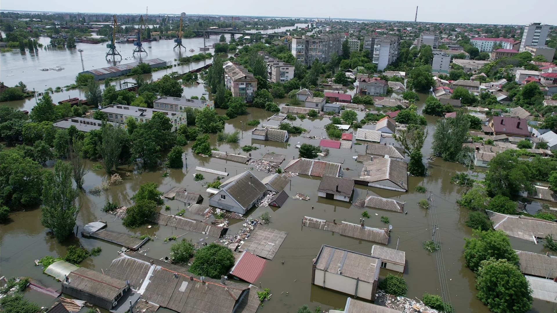 Residential buildings in a flooded area on June 8, 2023 in Kherson, Ukraine. Early Tuesday, the Kakhovka dam and hydroelectric power plant, which sits on the Dnipro river in the southern Kherson region, was destroyed, forcing downstream communities to evacuate due to the risk of flooding. 