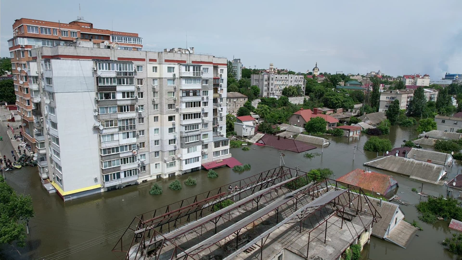 Residential buildings in a flooded area on June 8, 2023 in Kherson, Ukraine. Early Tuesday, the Kakhovka dam and hydroelectric power plant, which sits on the Dnipro river in the southern Kherson region, was destroyed, forcing downstream communities to evacuate due to the risk of flooding. 