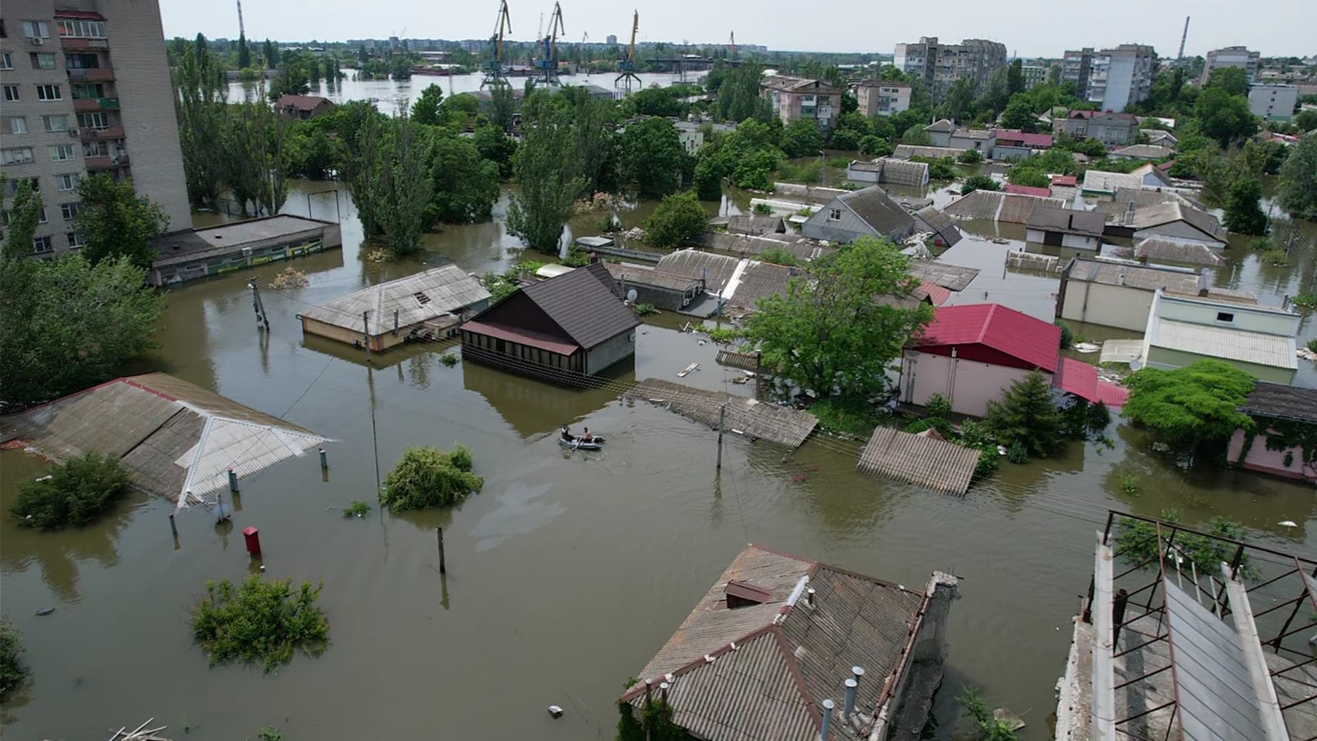 Residential buildings in a flooded area on June 8, 2023 in Kherson, Ukraine. 
