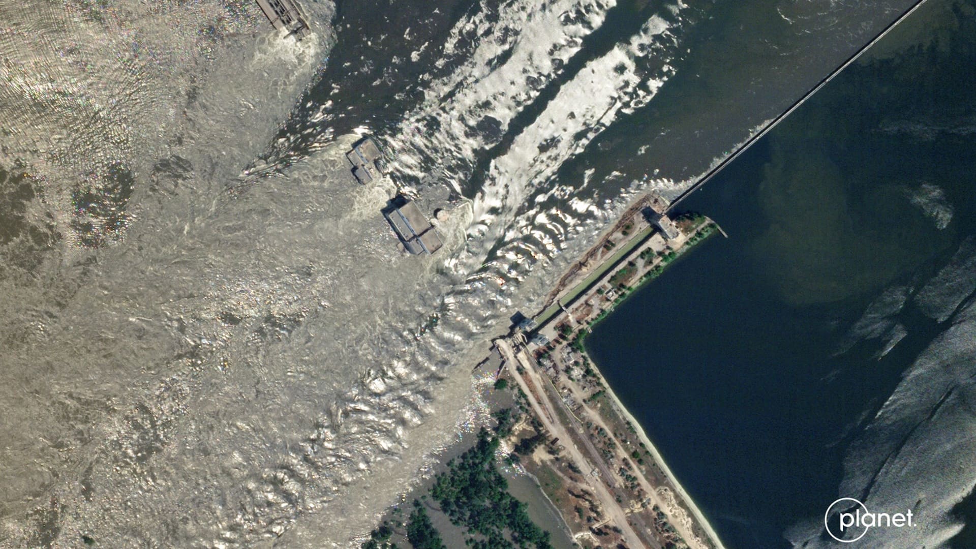 A satellite image captured by a SkySat shows the breached Kakhovka dam in Ukraine on June 6, 2023.