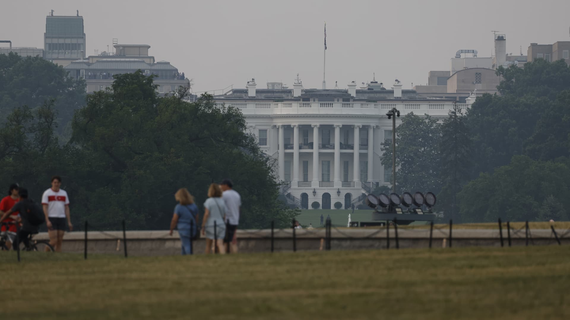 The White House is seen through hazy skies caused by Canadian wildfires on June 07, 2023 in Washington, DC.