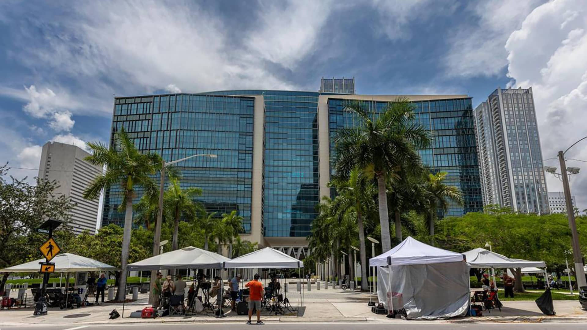 Media tents have been set up outside the Federal Courthouse in Miami as a grand jury gathers evidence related to the possible mishandling of classified documents by former President Donald Trump, on Thursday, June 8, 2023.