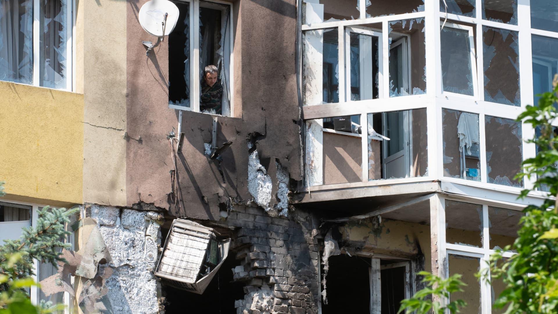 A view of a damaged multi-storey apartment building after a reported drone attack in Voronezh on June 9, 2023.