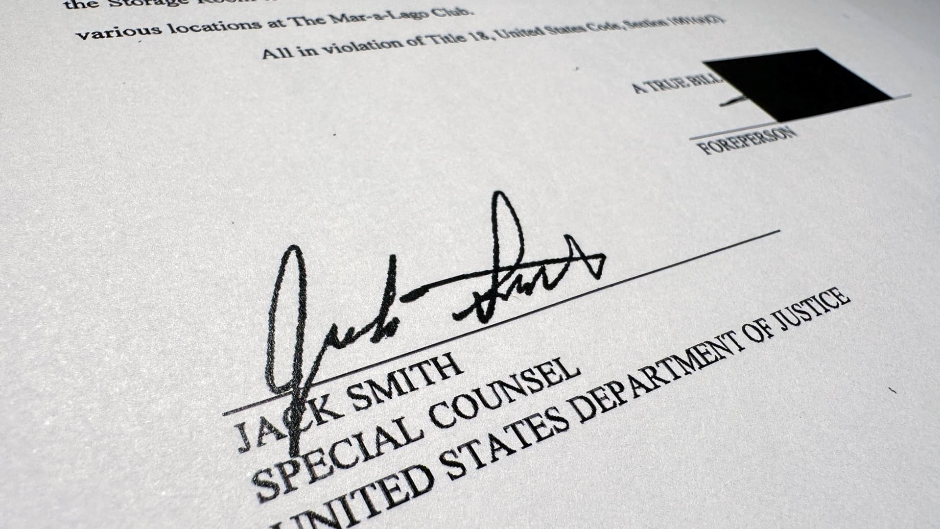 The first page of the U.S. Justice Department's charging document against former U.S. President Donald Trump, charging him with 37 criminal counts, including charges of unauthorized retention of classified documents and conspiracy to obstruct justice after leaving the White House, is seen after being released by the Justice Department in Washington, U.S. June 9, 2023. 