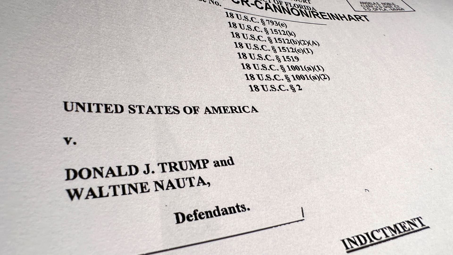 The first page of the U.S. Justice Department's charging document against former U.S. President Donald Trump, charging him with 37 criminal counts, including charges of unauthorized retention of classified documents and conspiracy to obstruct justice after leaving the White House, is seen after being released by the Justice Department in Washington, U.S. June 9, 2023. 