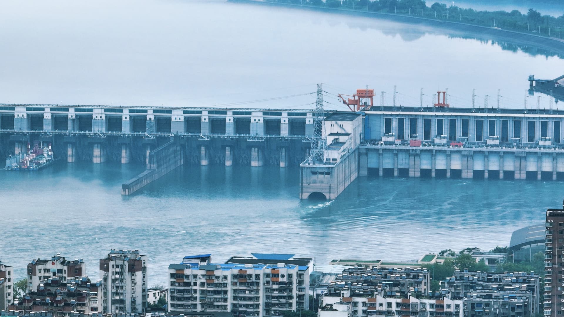 The Gezhouba dam water conservancy project of the Yangtze River after heavy rain in Yichang, Hubei Province, China.