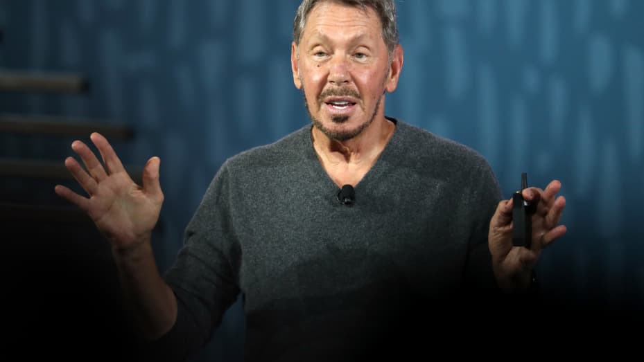 Larry Ellison, Oracle's chairman and technology chief, speaks at the Oracle OpenWorld conference in San Francisco on September 16, 2019.