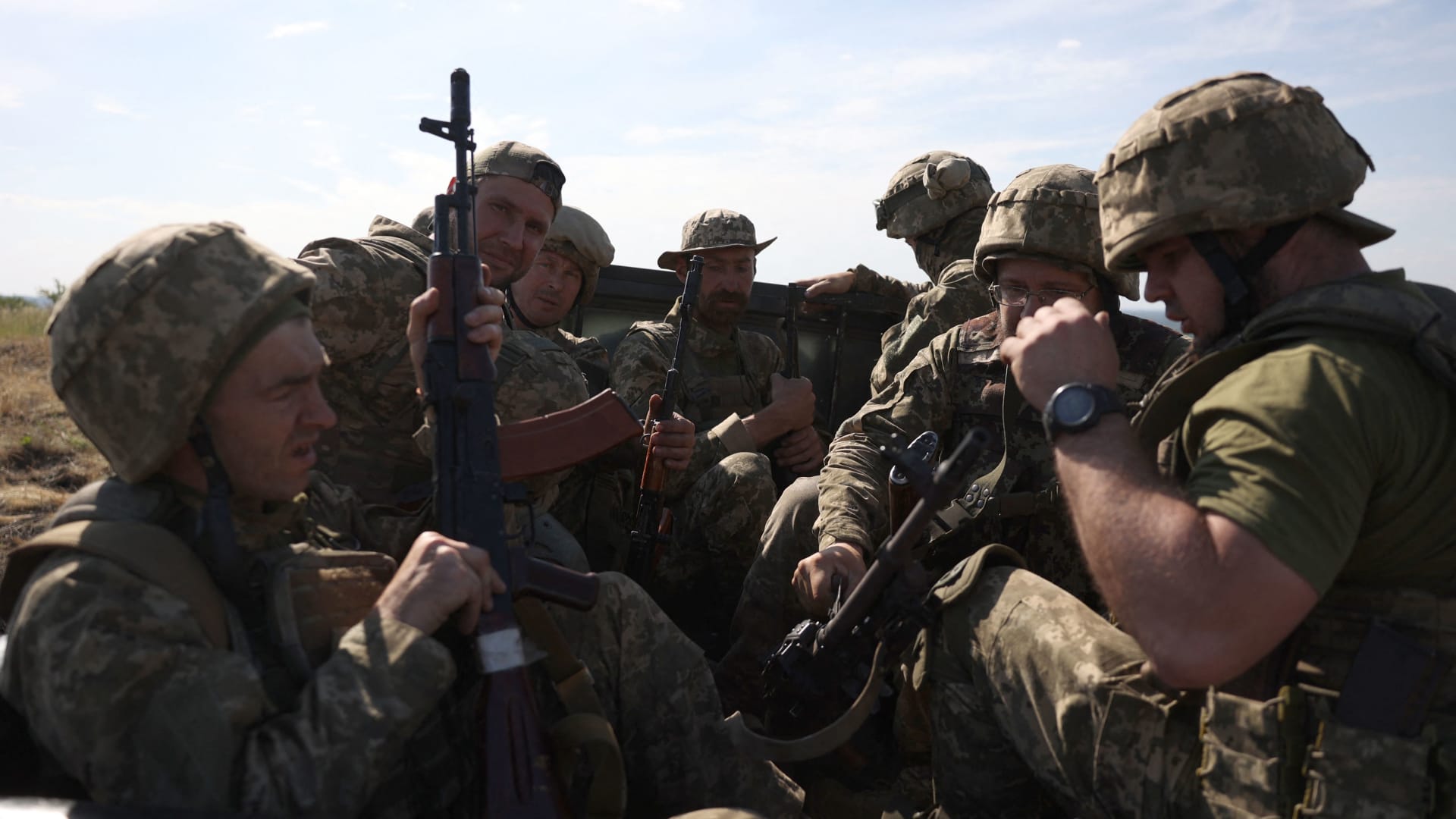 Ukrainian servicemen take part in a military training exercise not far from front line in the Donetsk region on June 8, 2023.