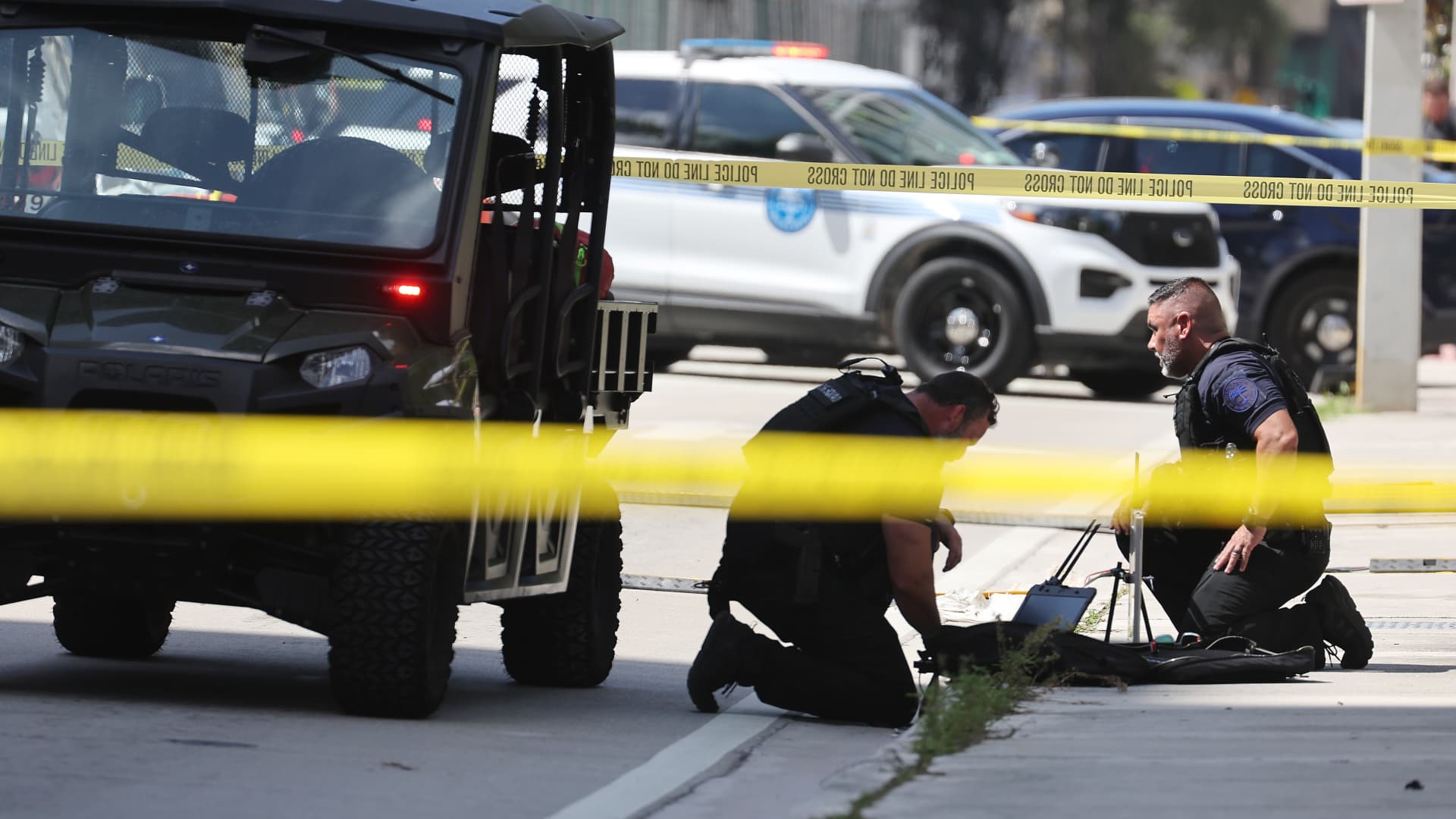 Miami Police investigate a suspicious package near the media area outside the Wilkie D. Ferguson Jr. United States Federal Courthouse where former President Donald Trump is scheduled to be arraigned later in the day on June 13, 2023 in Miami, Florida.
