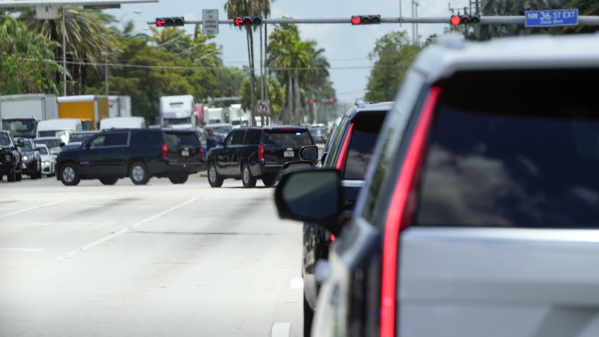 The motorcade for former President Donald Trump leaves Trump National Doral resort on Tuesday, June 13, 2023, in Doral Fla.