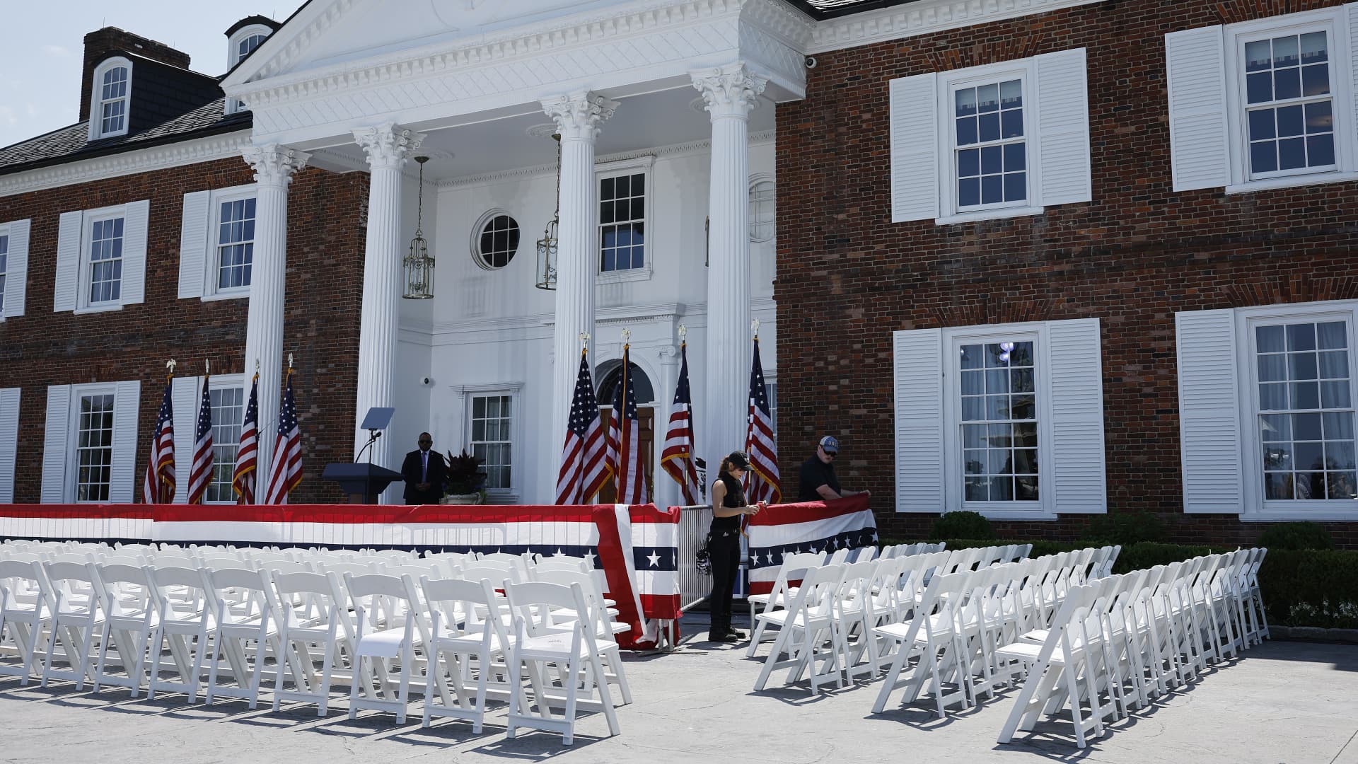 Preparations continue in front of the club house at the Trump National Golf Club hours ahead of a speech by former U.S. President Donald Trump on June 13, 2023 in Bedminster, New Jersey. 