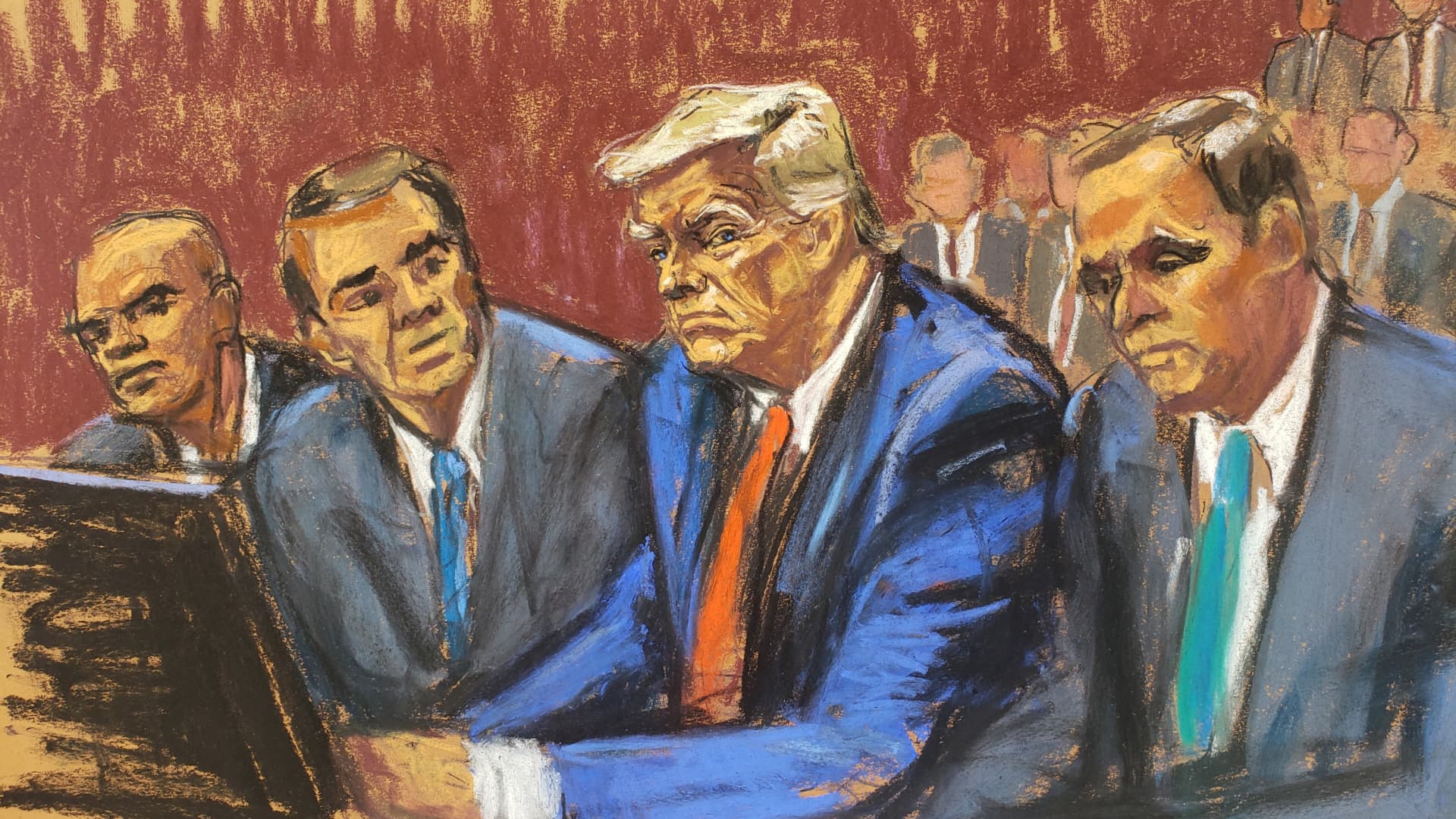 Former U.S. President Trump appears on classified document charges after a federal indictment at Wilkie D. Ferguson Jr. United States Courthouse, alongside his attorney Chris Kise in Miami, Florida, U.S., June 13, 2023 in a courtroom sketch. 