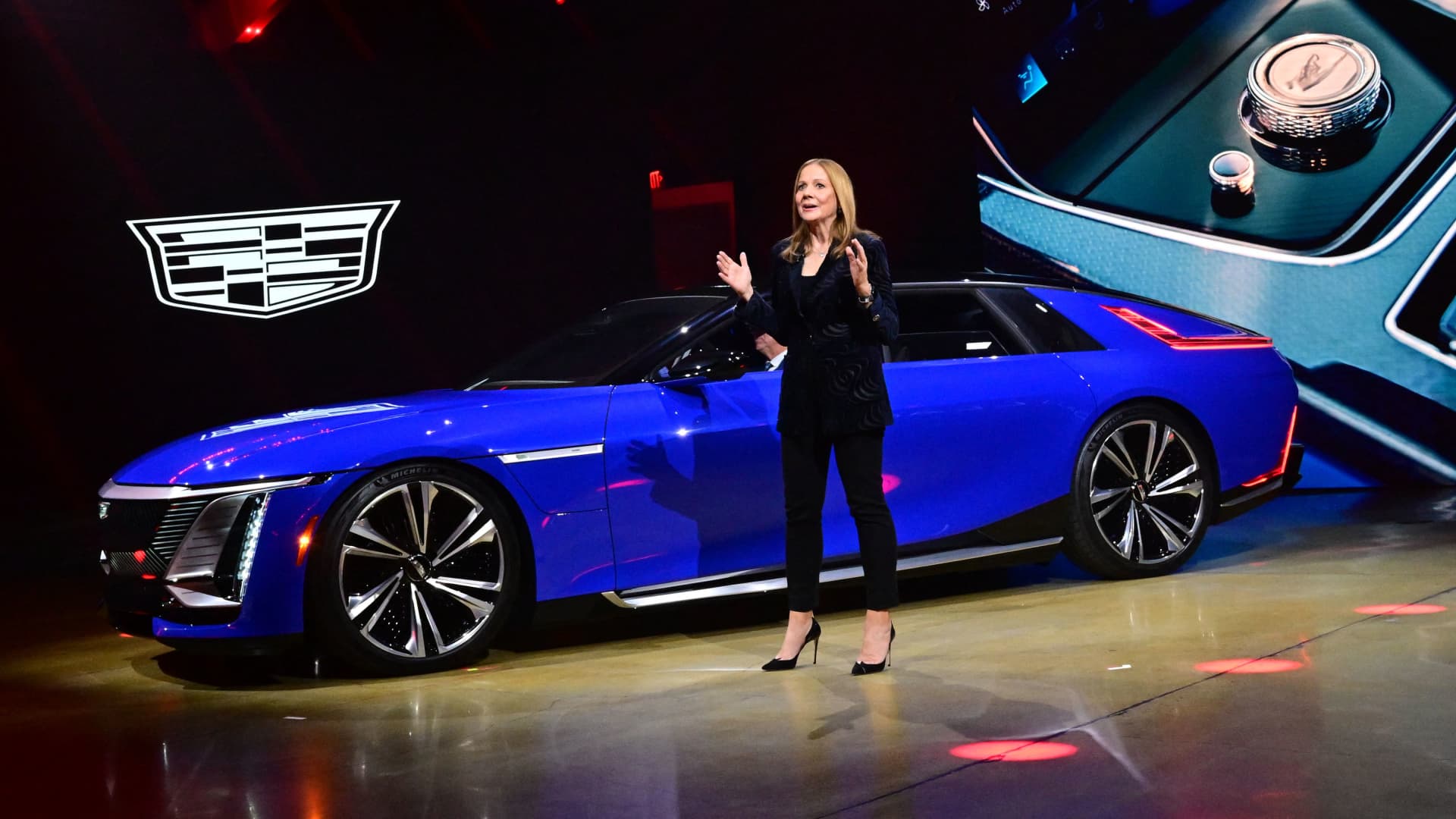 Mary Barra, GM chair and CEO, speaks during the unveiling of the Cadillac Celestiq electric sedan in Los Angeles, Oct. 17, 2022.