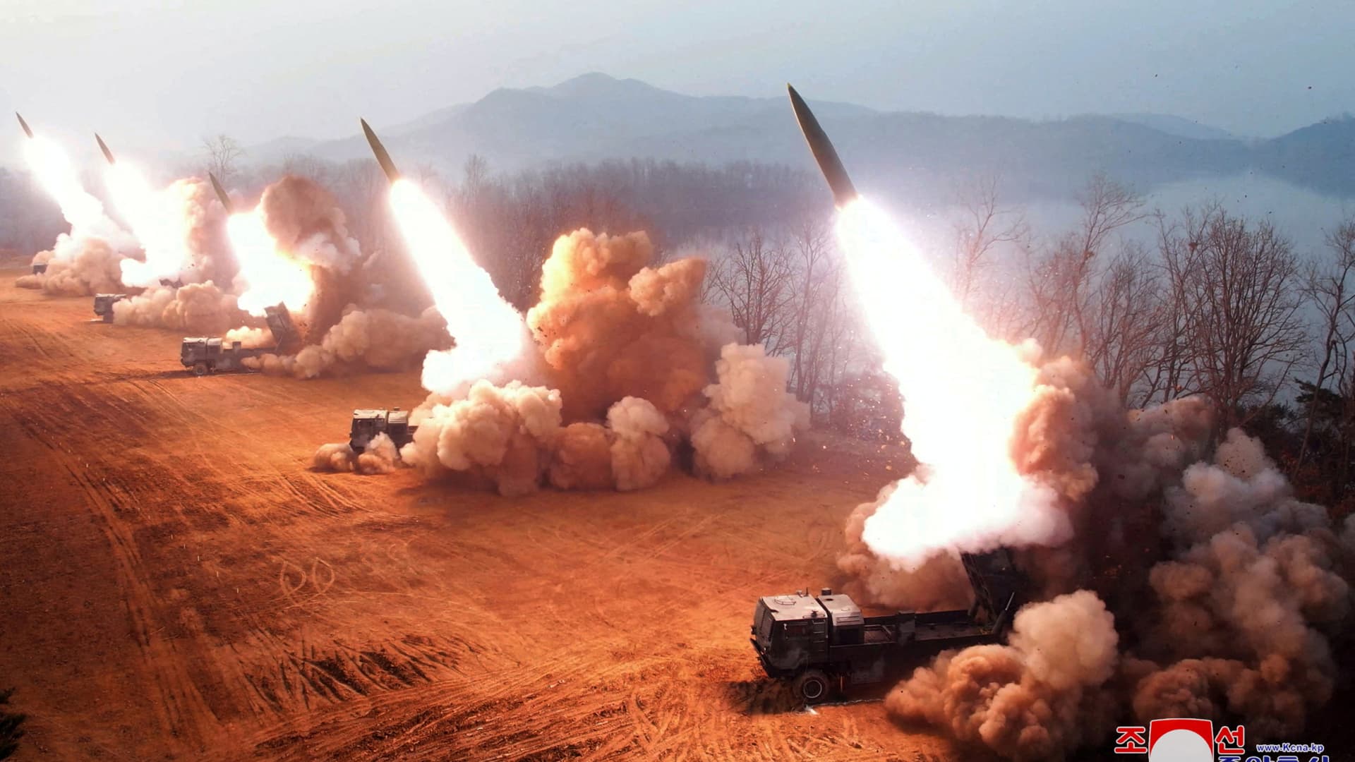 A fire assault drill by North Korean rocket artillery units at an undisclosed location in North Korea in March 2023 in this photo released by North Korea's Korean Central News Agency (KCNA). Around 6,000 of these units are located in range of South Korean population centers.