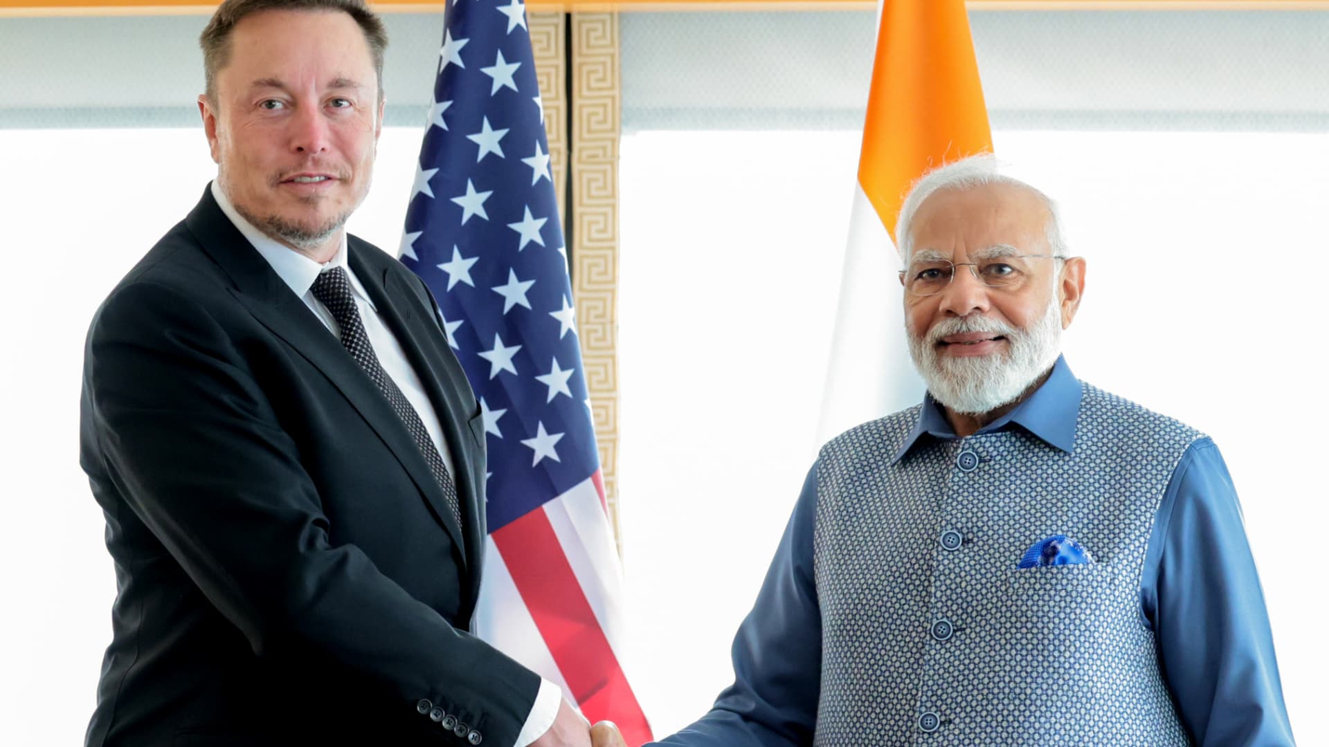 Indian Prime Minister Narendra Modi (R) meets with Elon Musk (L) in New York, United States on June 20, 2023. (Photo by Indian Press Information Bureau (PIB) / Handout/Anadolu Agency via Getty Images)