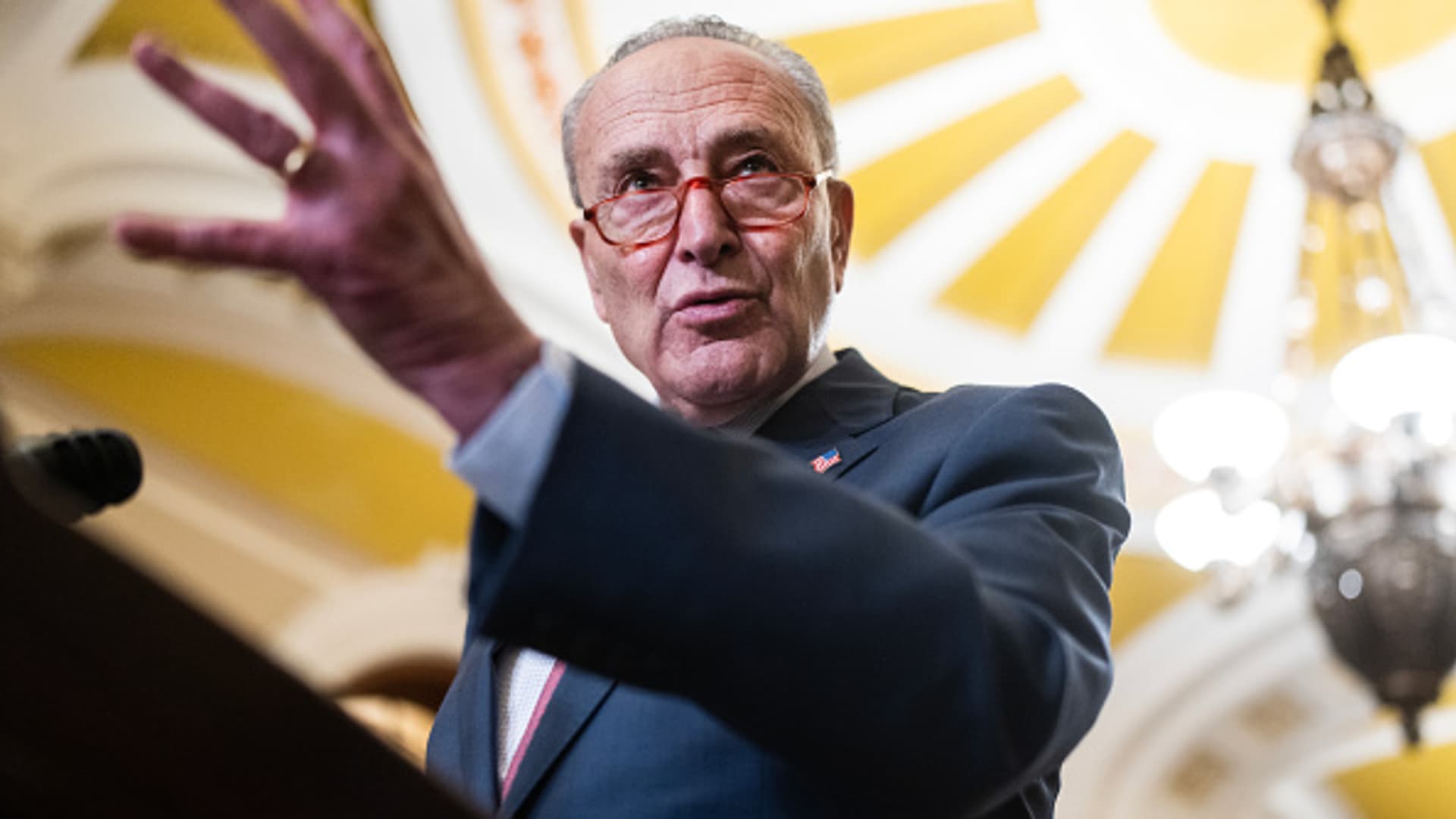 Senate Majority Leader Charles Schumer, D-N.Y., conducts a news conference after the senate luncheons in the U.S. Capitol on Wednesday, June 21, 2023.