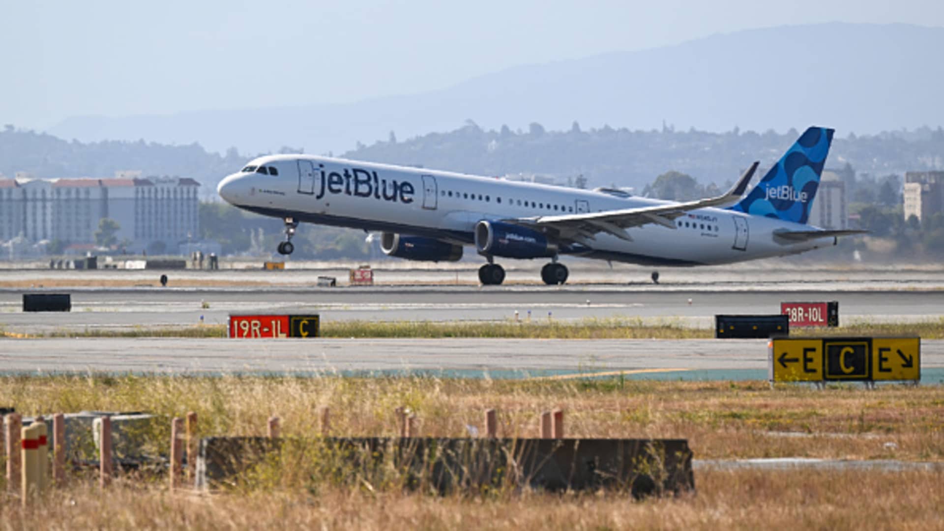 A JetBlue passenger plane takes off from San Francisco International Airport (SFO) in San Francisco, California, United States on June 21, 2023. 