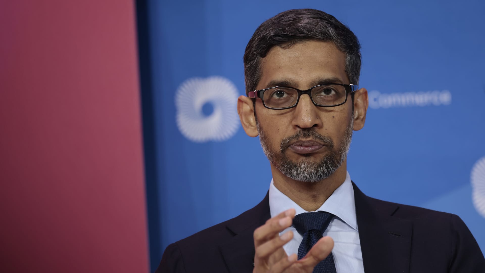 Google CEO Sundar Pichai speaks at a panel at the CEO Summit of the Americas hosted by the U.S. Chamber of Commerce in Los Angeles on June 9, 2022.