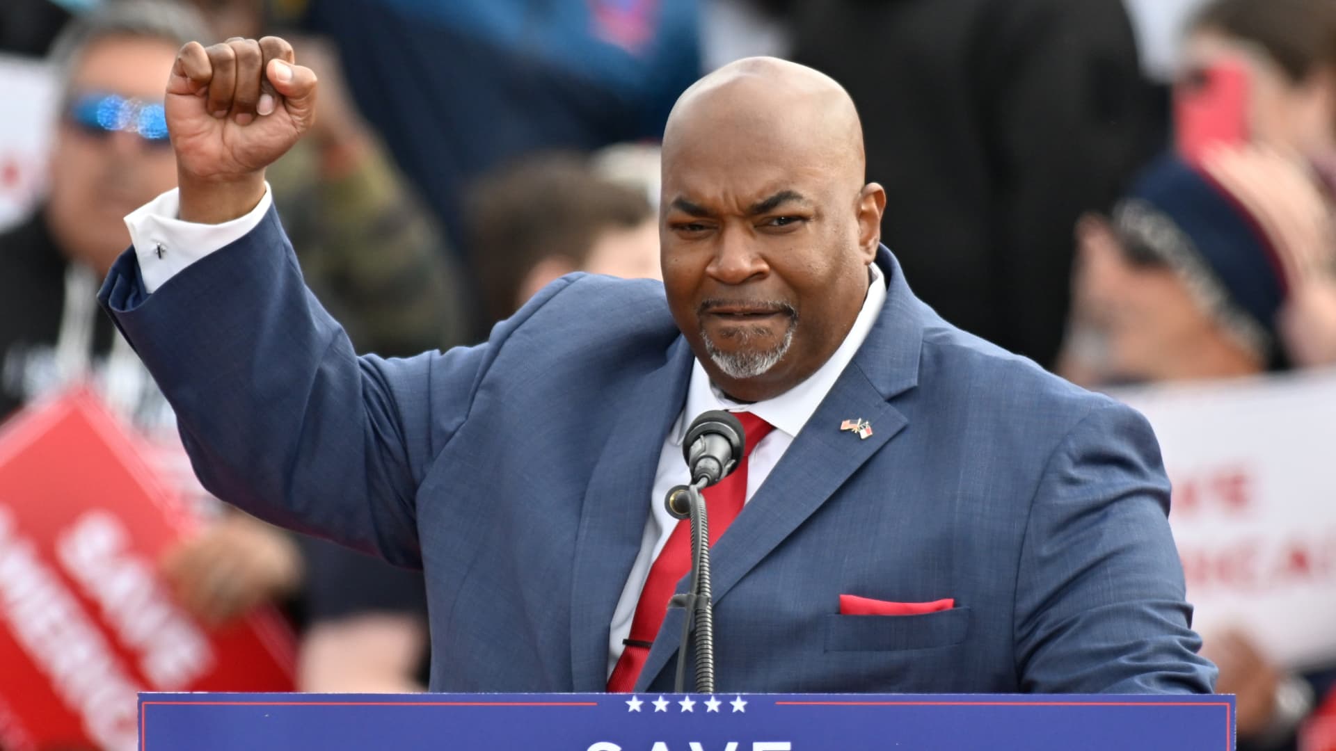 Mark Robinson speaks during former US President Donald Trump's rally sponsored by Save America with Ted Budd, Madison Cawthorn, Bo Hines, Dan Bishop, Mark Robinson and Greg Murphy in Selma, NC, on April 9, 2022.