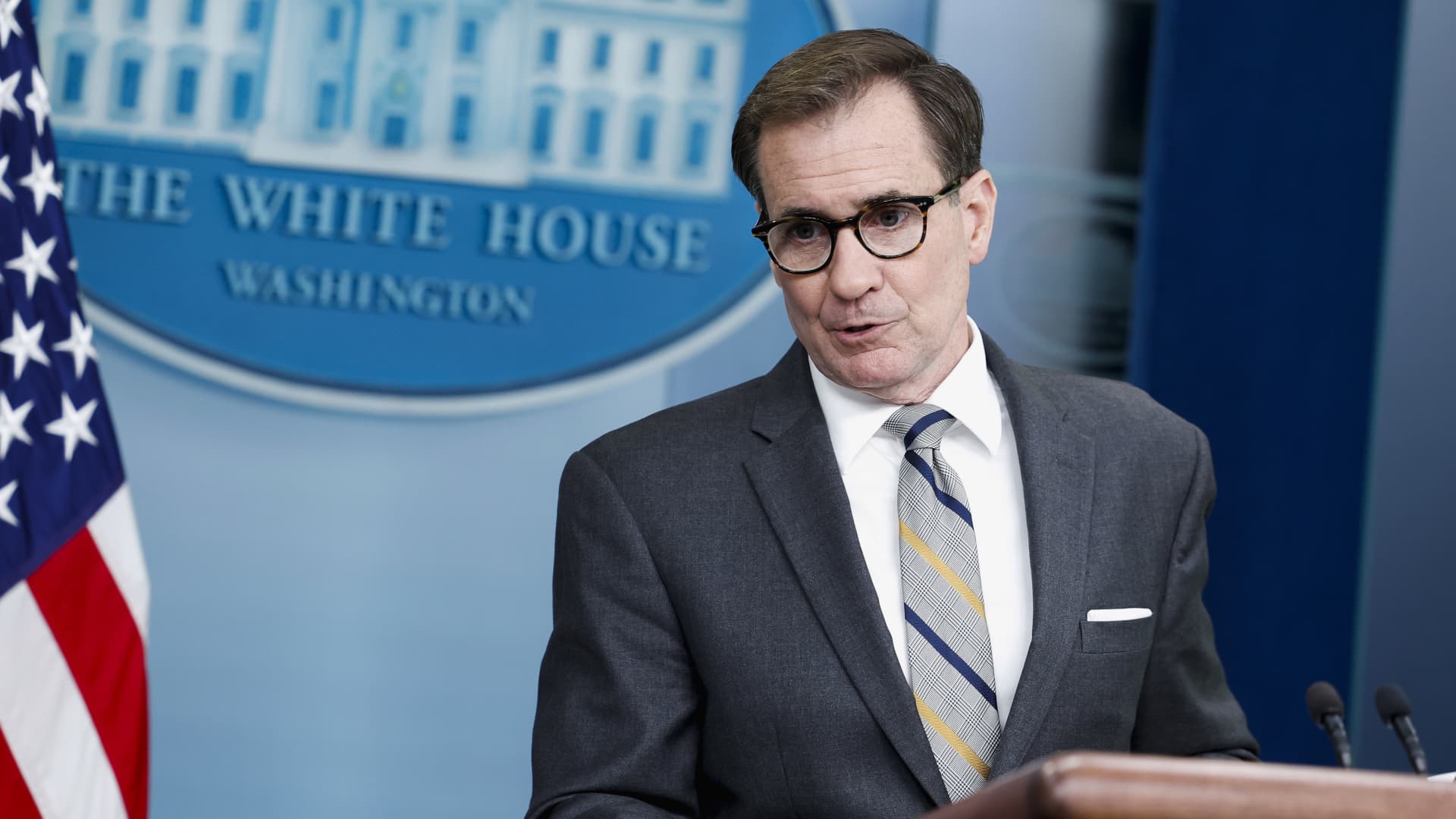National Security Council coordinator for strategic communications John Kirby speaks during a daily news briefing at the James S. Brady Press Briefing Room in the White House on June 23, 2023 in Washington, DC.