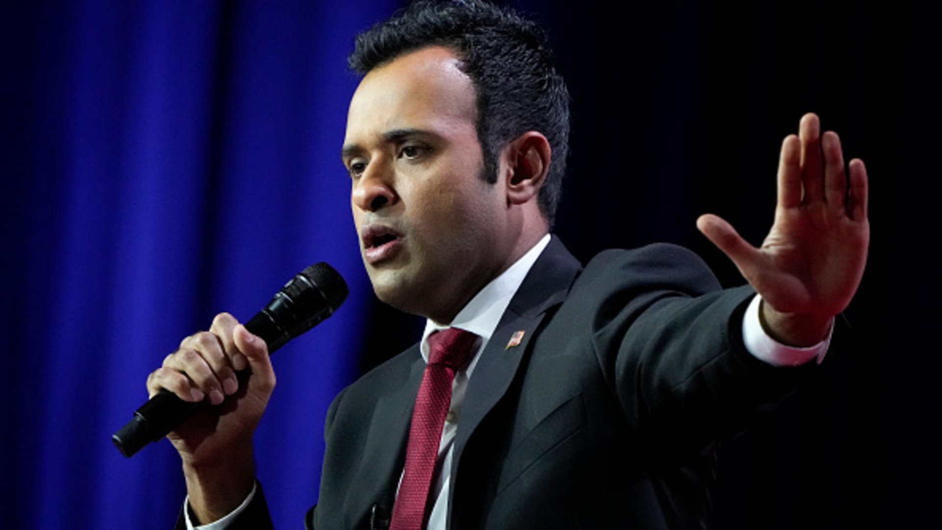 Republican presidential candidate Vivek Ramaswamy delivers remarks at the Faith and Freedom Road to Majority conference at the Washington Hilton on June 23, 2023 in Washington, DC.